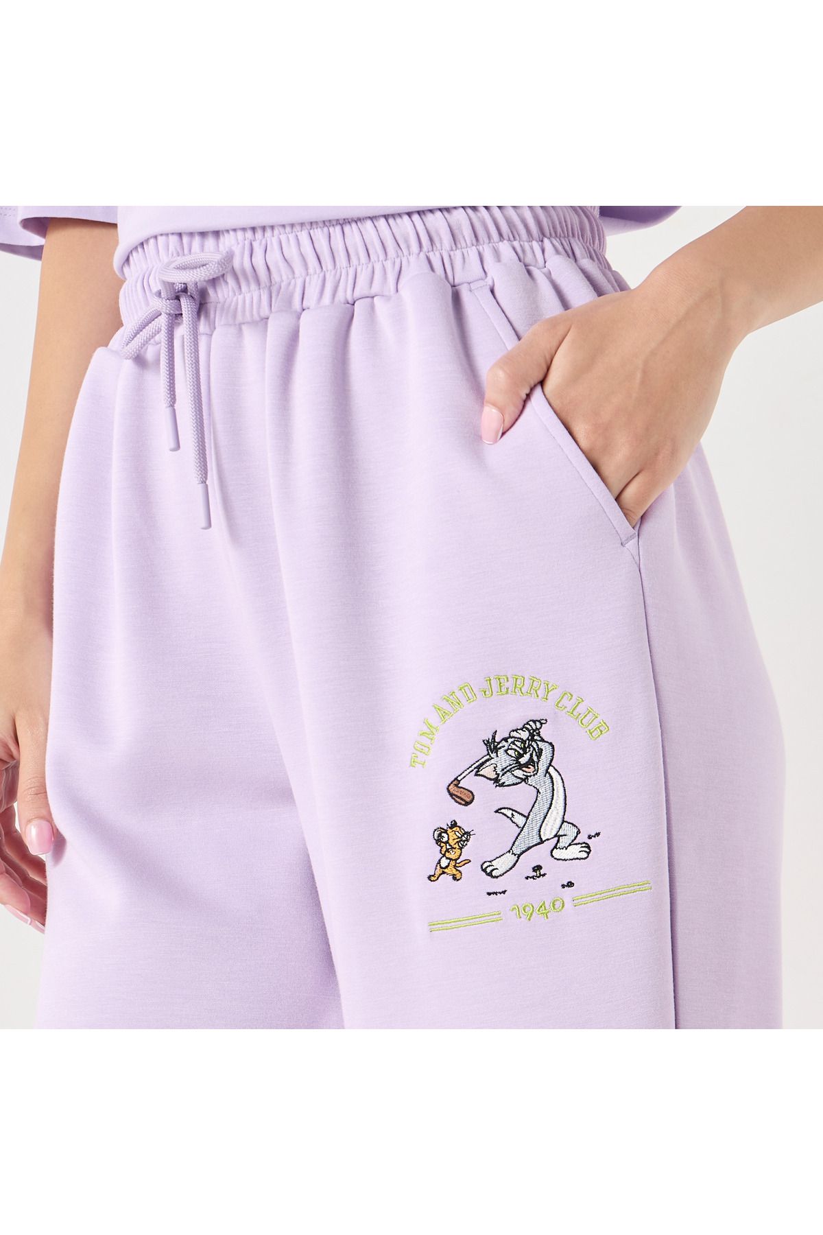 SP Characters-Tom and Jerry Embroidered Joggers with Drawstring Closure and Pockets 4