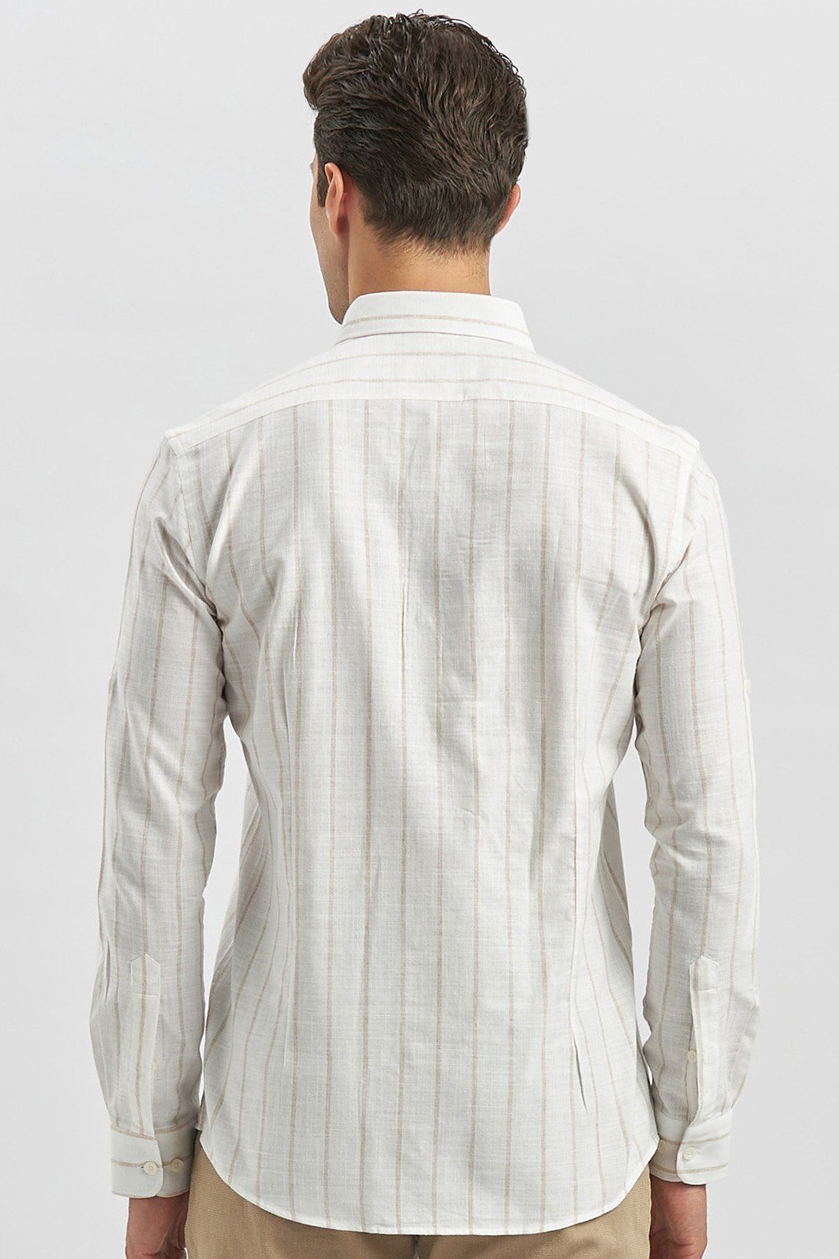 İmza-Beige Slim Fit Shirt - Shortable Sleeve, Striped Pattern, Perfectto Buttoned Collar1004240145 6