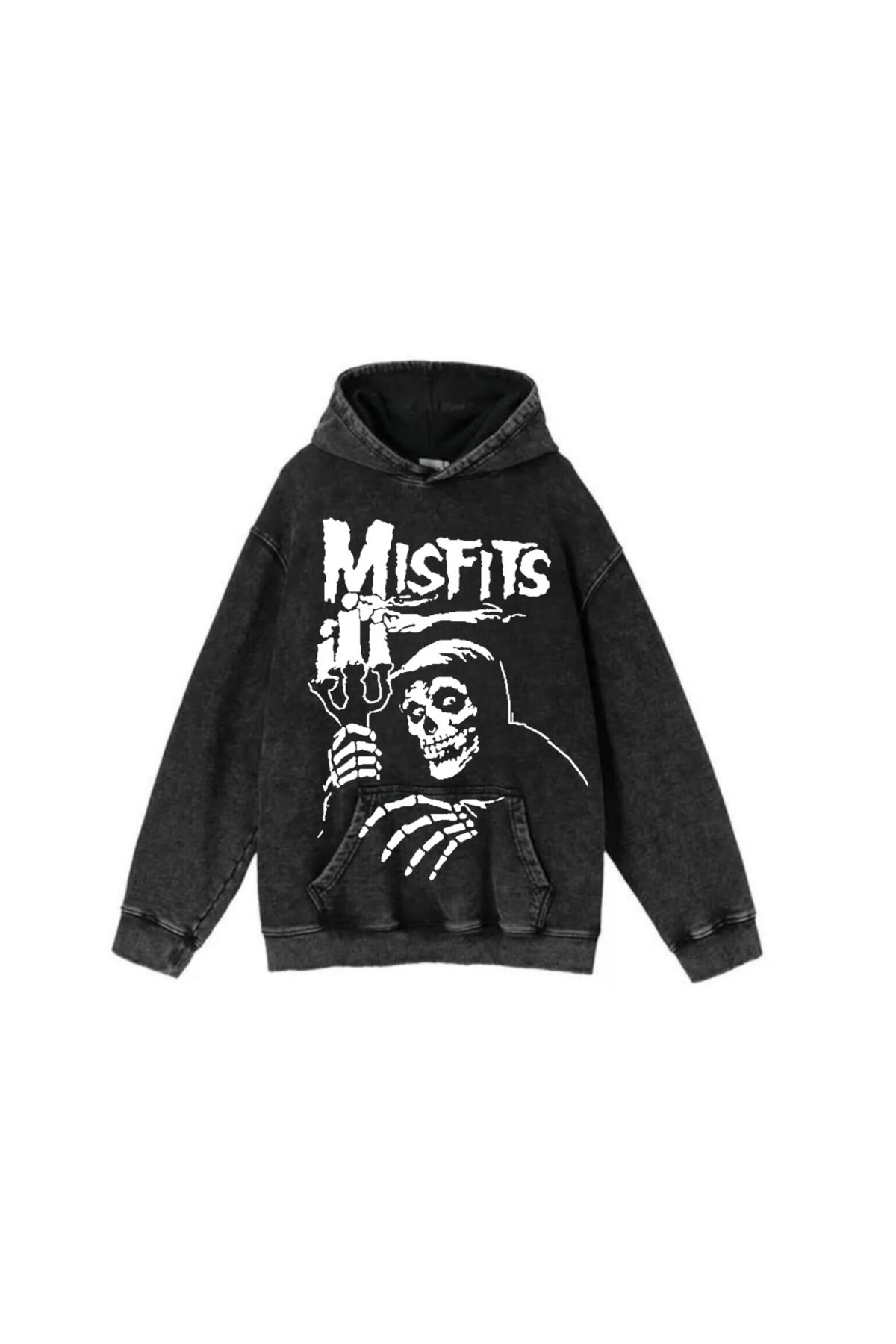 BAREM BUTİK Barem Butik  Yıkamalı Kumaş Rock Serisi Misfits Kapüşonlu Hoodie Sweatshirt