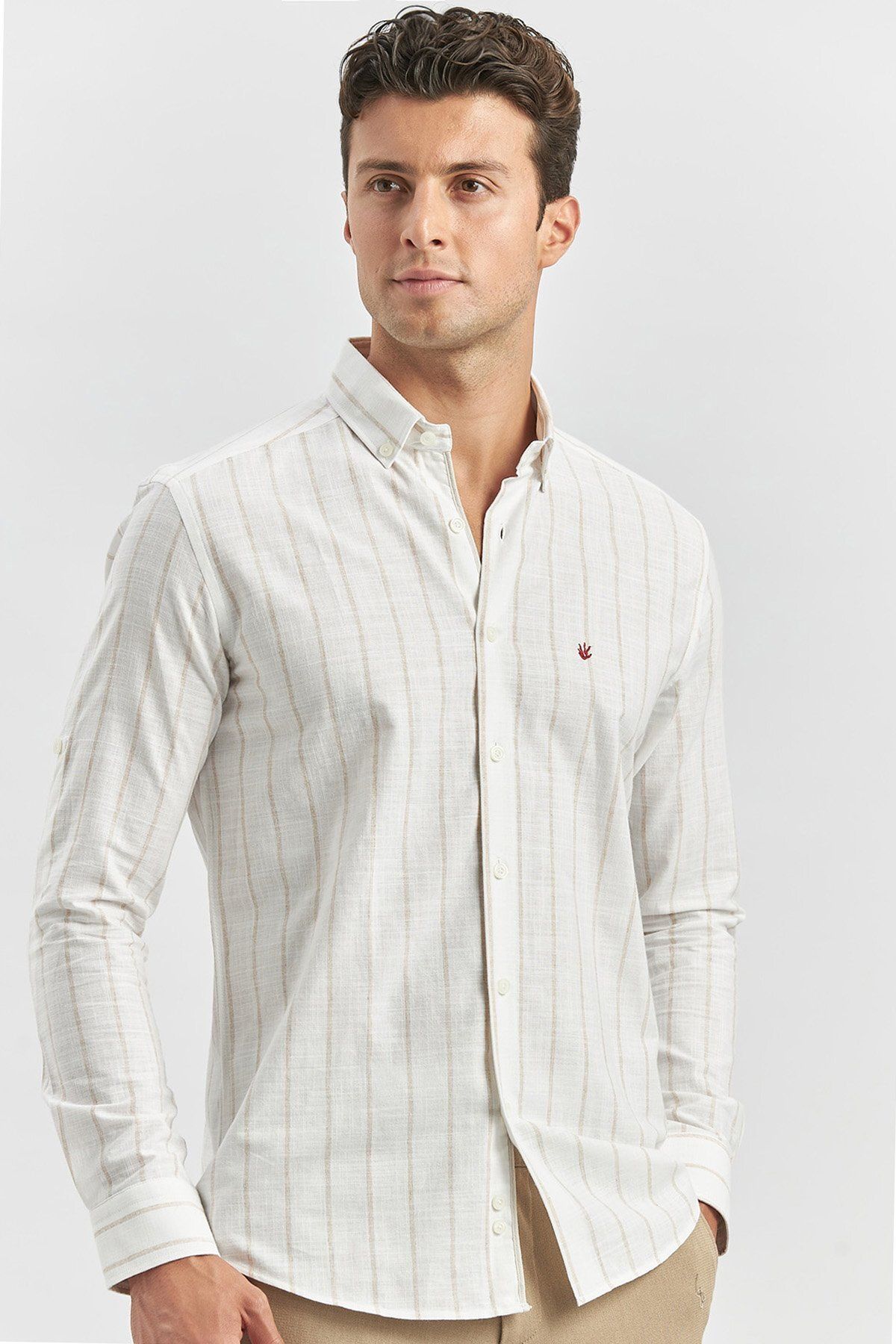 İmza-Beige Slim Fit Shirt - Shortable Sleeve, Striped Pattern, Perfectto Buttoned Collar1004240145 1