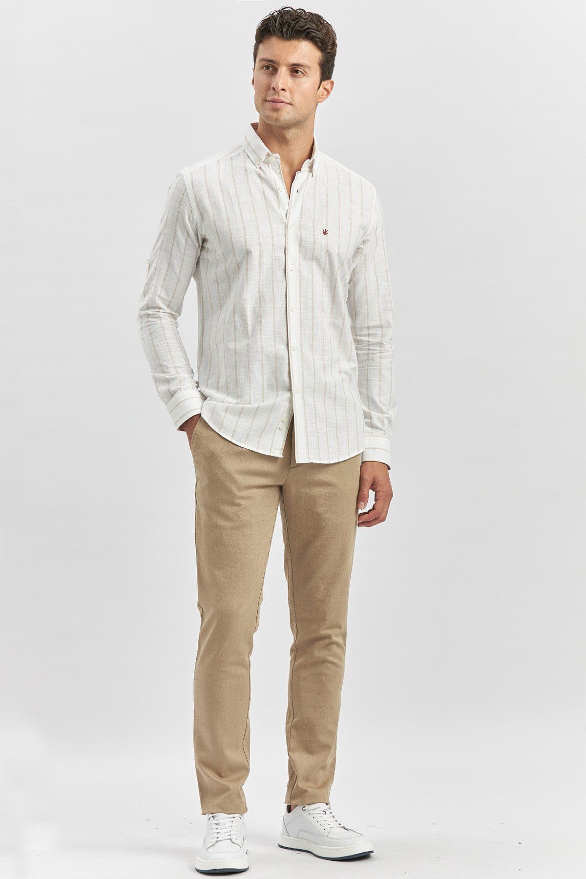 İmza-Beige Slim Fit Shirt - Shortable Sleeve, Striped Pattern, Perfectto Buttoned Collar1004240145 4