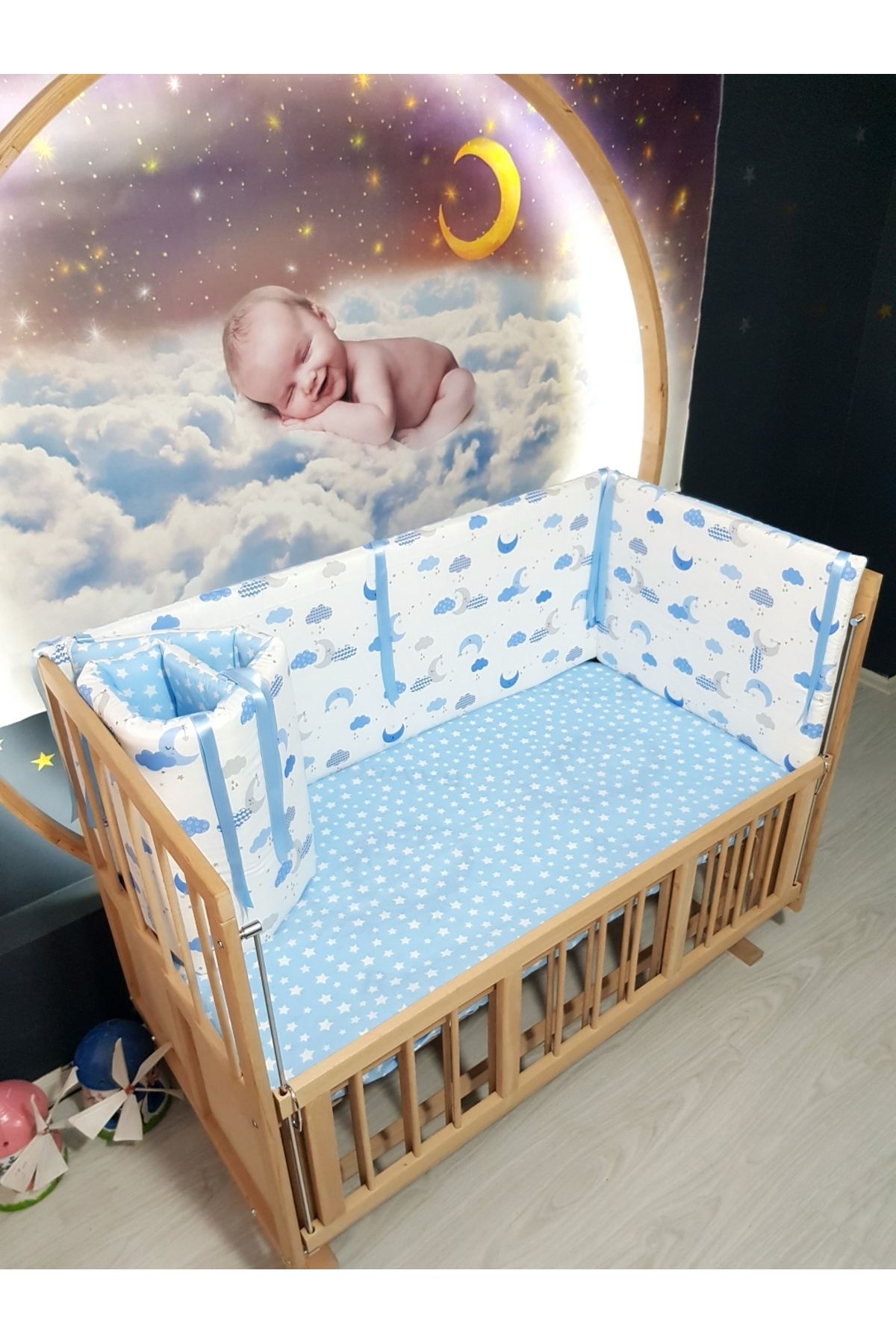 Baby Clime-60X120 Crib Side Protection 4 Pieces - Blue Crescent and Star Pattern (Excluding Beafs) 2