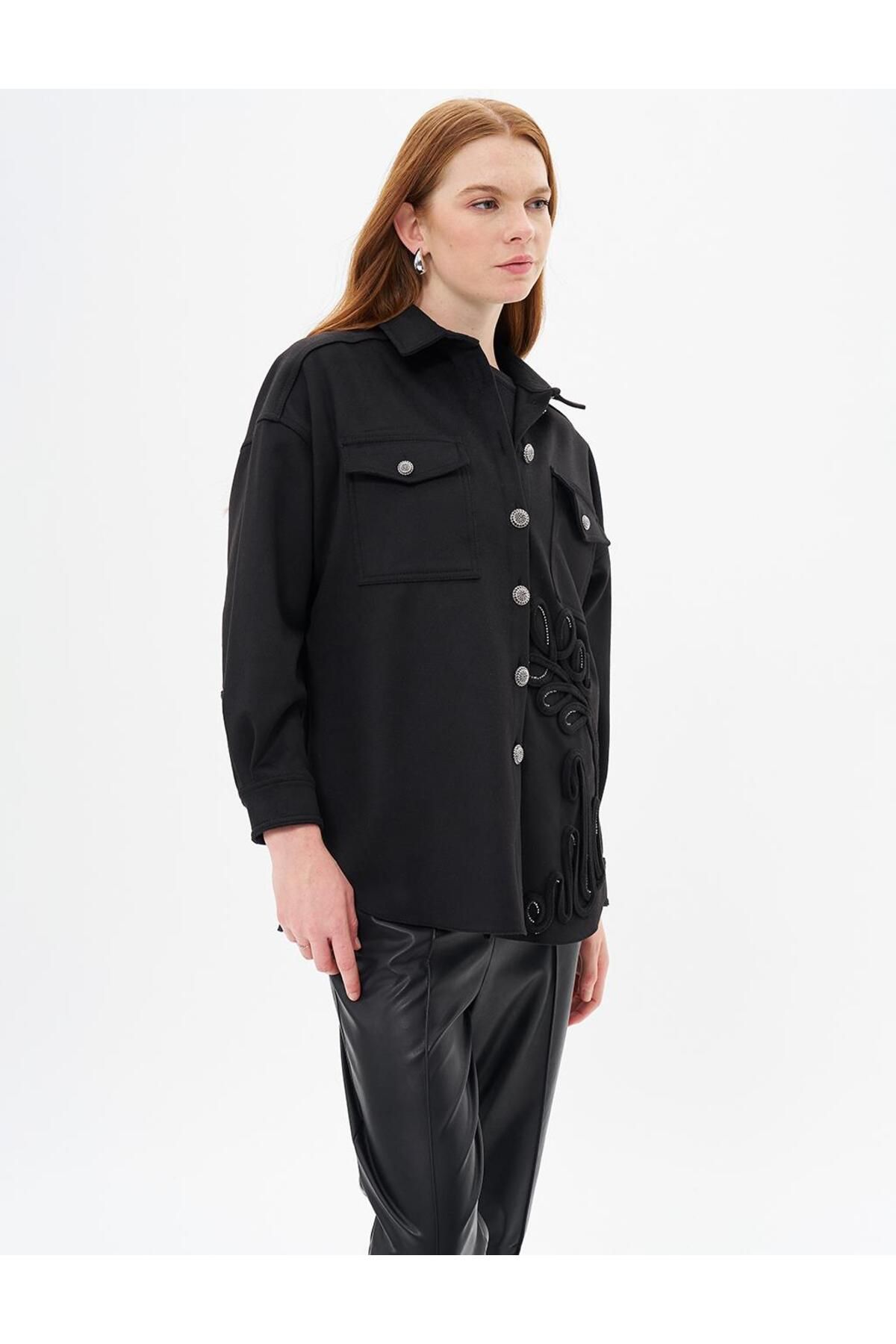 Kayra-Black Stamp Jacket - Gold Button Detail 2