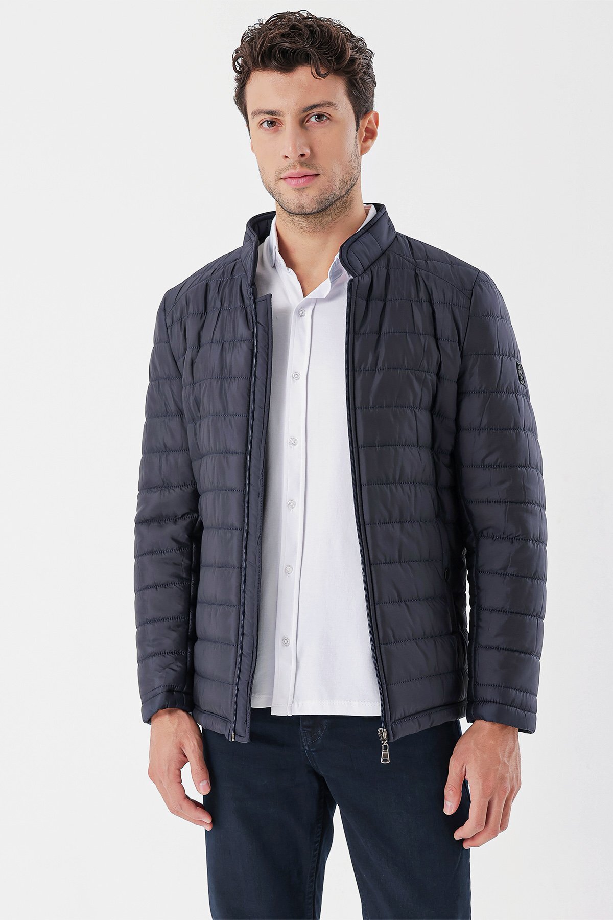 İmza-Dark Navy Blue High Collar Lined Slim Fit Slim Fit Casual Coat1007235156 4