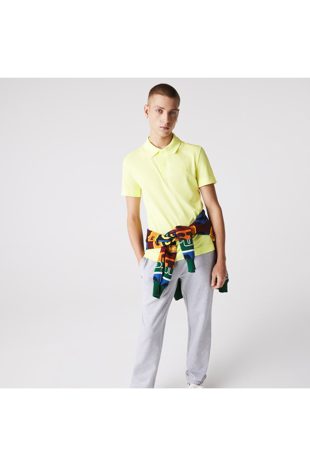 تی شرت یقه پولو زرد مردانه فعال باریک چوگان Lacoste
