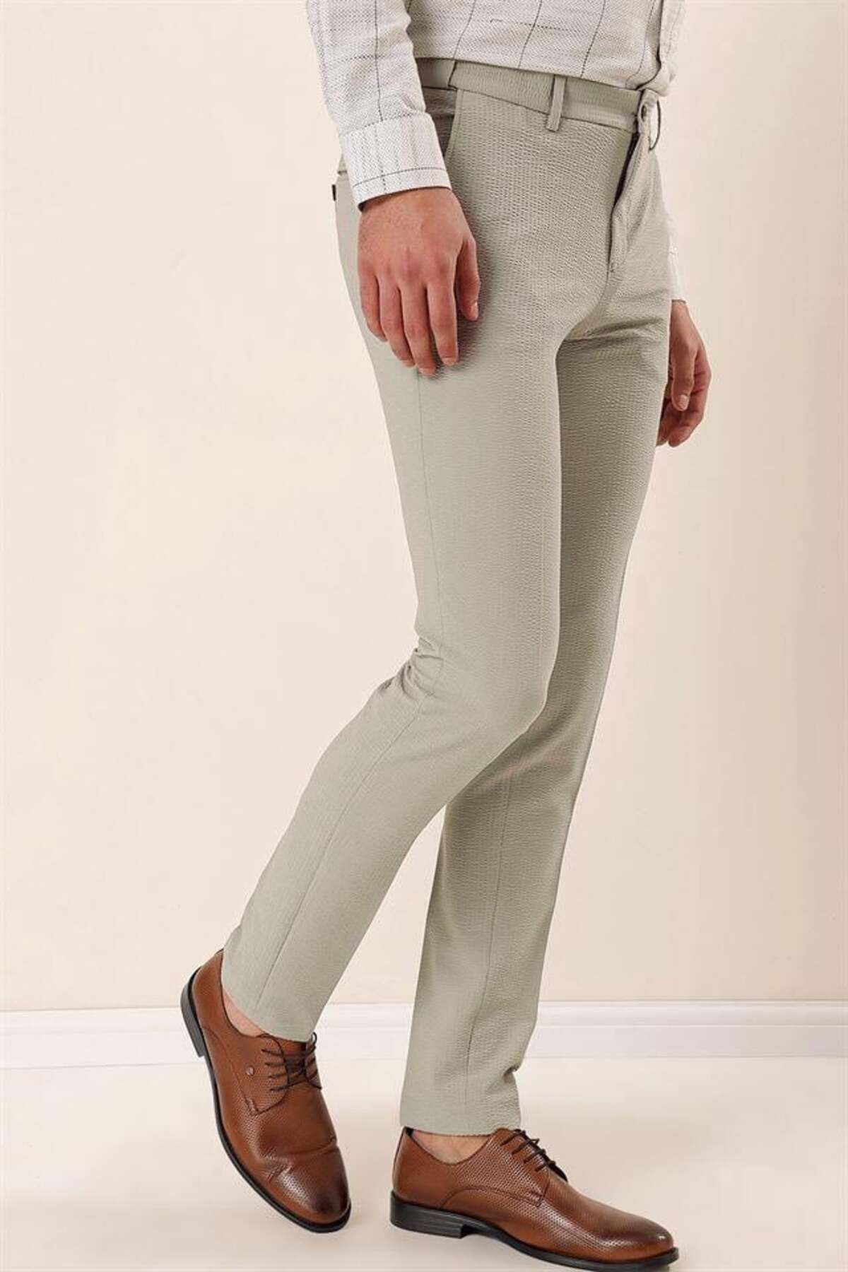 شلوار مردانه BEIGE الگوی آملور LYCRA SIDE CEP SLIM FIT CUTTER کلاسیک 1003230170 İmza