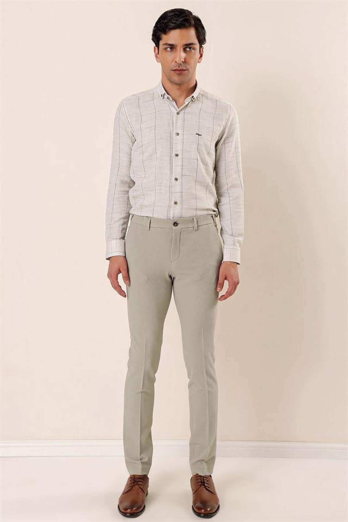شلوار مردانه BEIGE الگوی آملور LYCRA SIDE CEP SLIM FIT CUTTER کلاسیک 1003230170 İmza