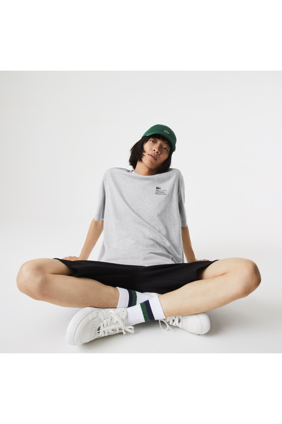 تی شرت خاکستری مردانه یقه دوچرخه تناسب طرح دار Lacoste