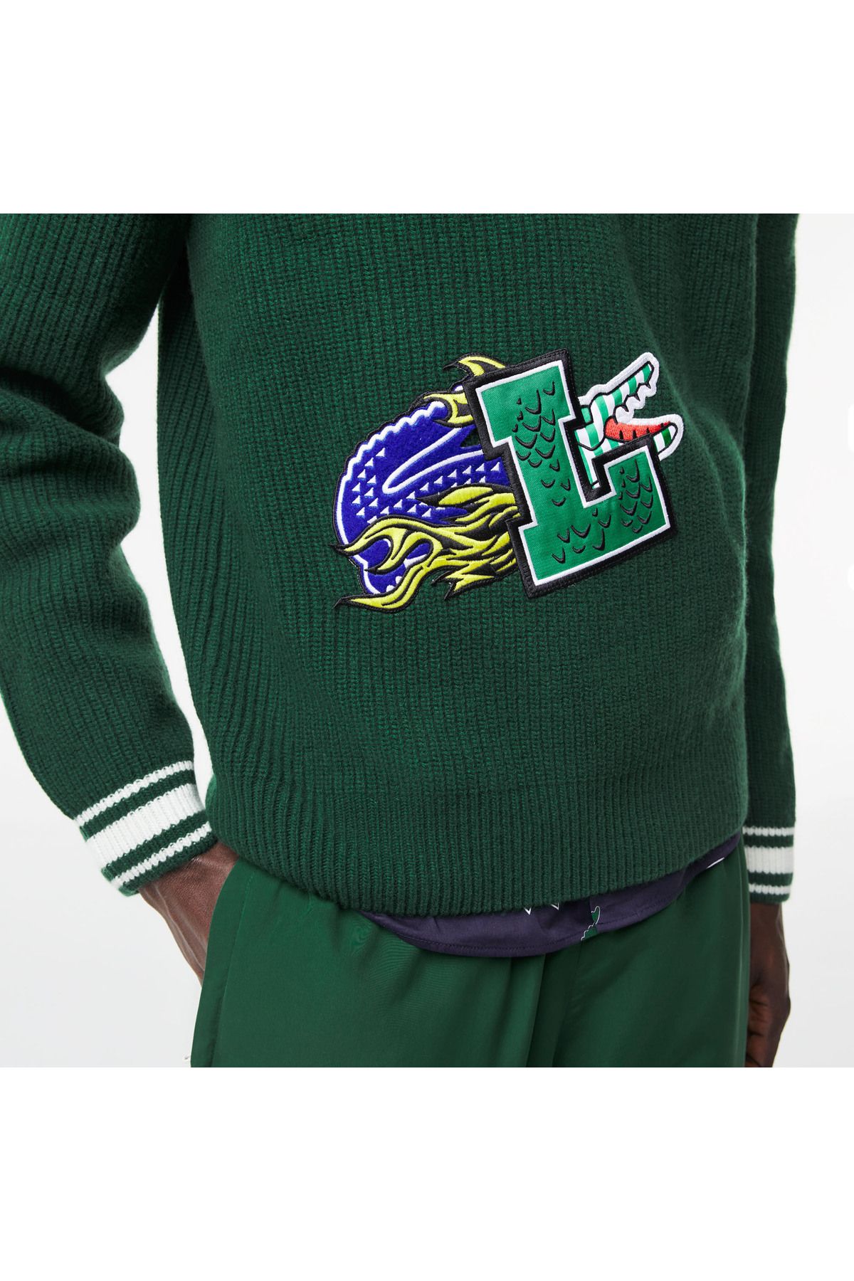 پلیور آبی مردانه ژاکت سبز پشمی طرح دار Lacoste