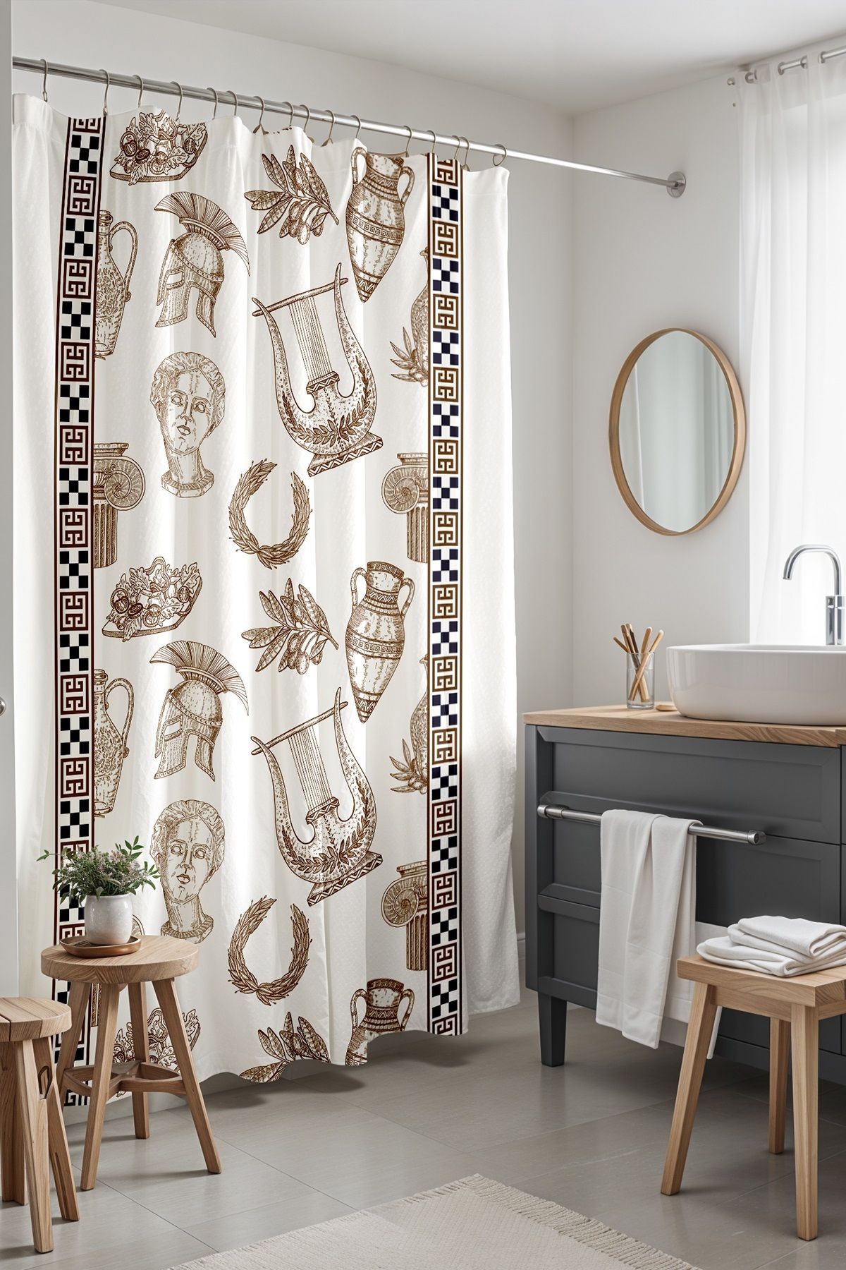 EVPANYA-Bathroom Curtain, Brown Ancient Greek Pattern Shower Curtain, Bathtub Curtain 175X200Cm 2