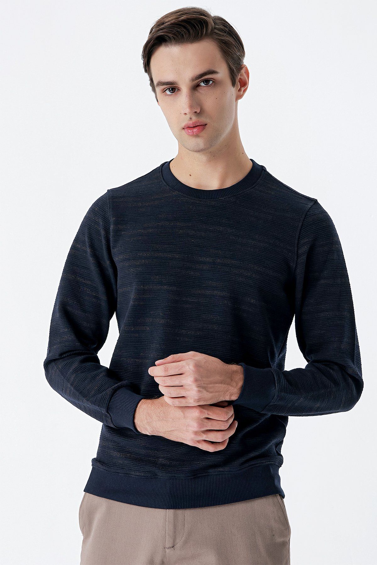 İmza-Dark Navy Blue Long Sleeve Knitted Crew Neck Lycra Casual Comfort Fit Sweatshirt 1013235105 2