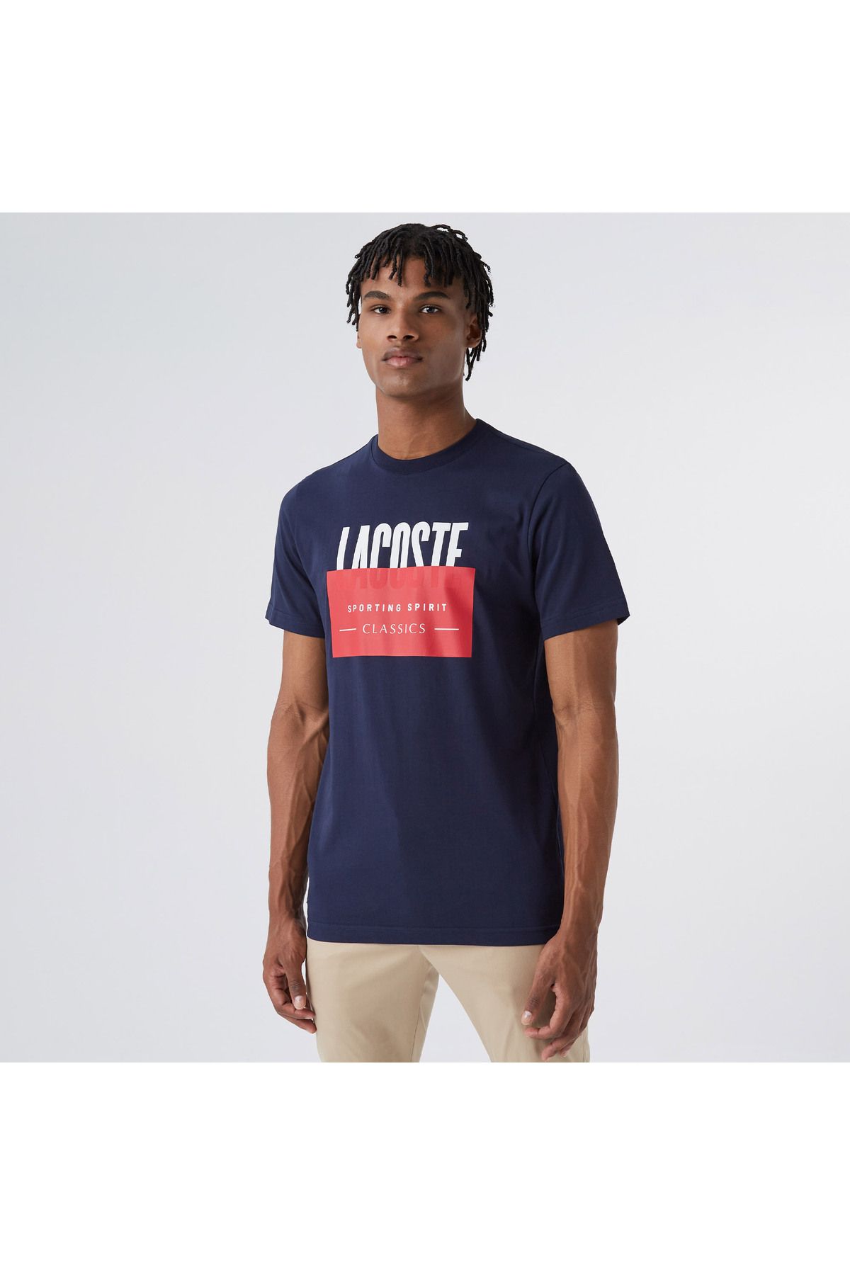 تی شرت آبی مردانه سفید گردن دوچرخه Lacoste
