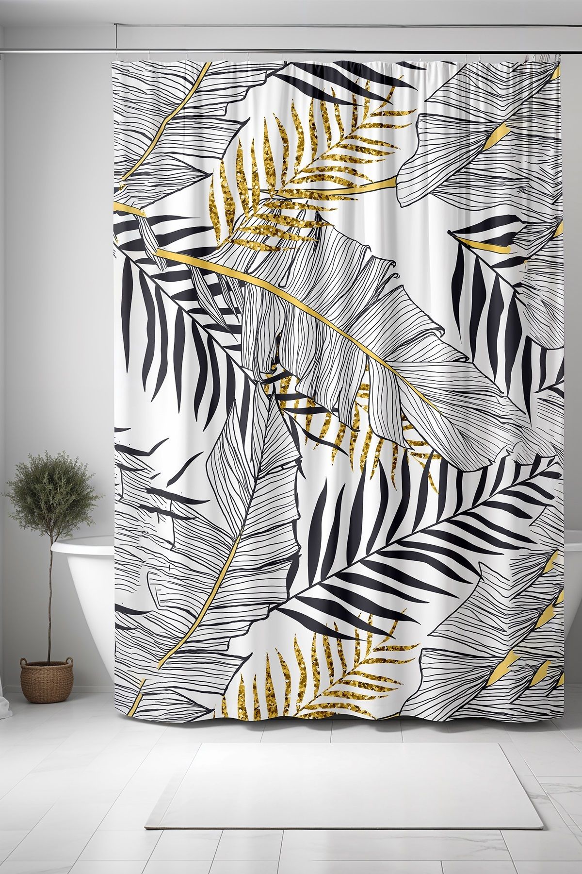 EVPANYA-Bathroom Curtain, Black Pencil Gold Leaves Pattern Shower Curtain, Bathtub Curtain 175X200Cm 1