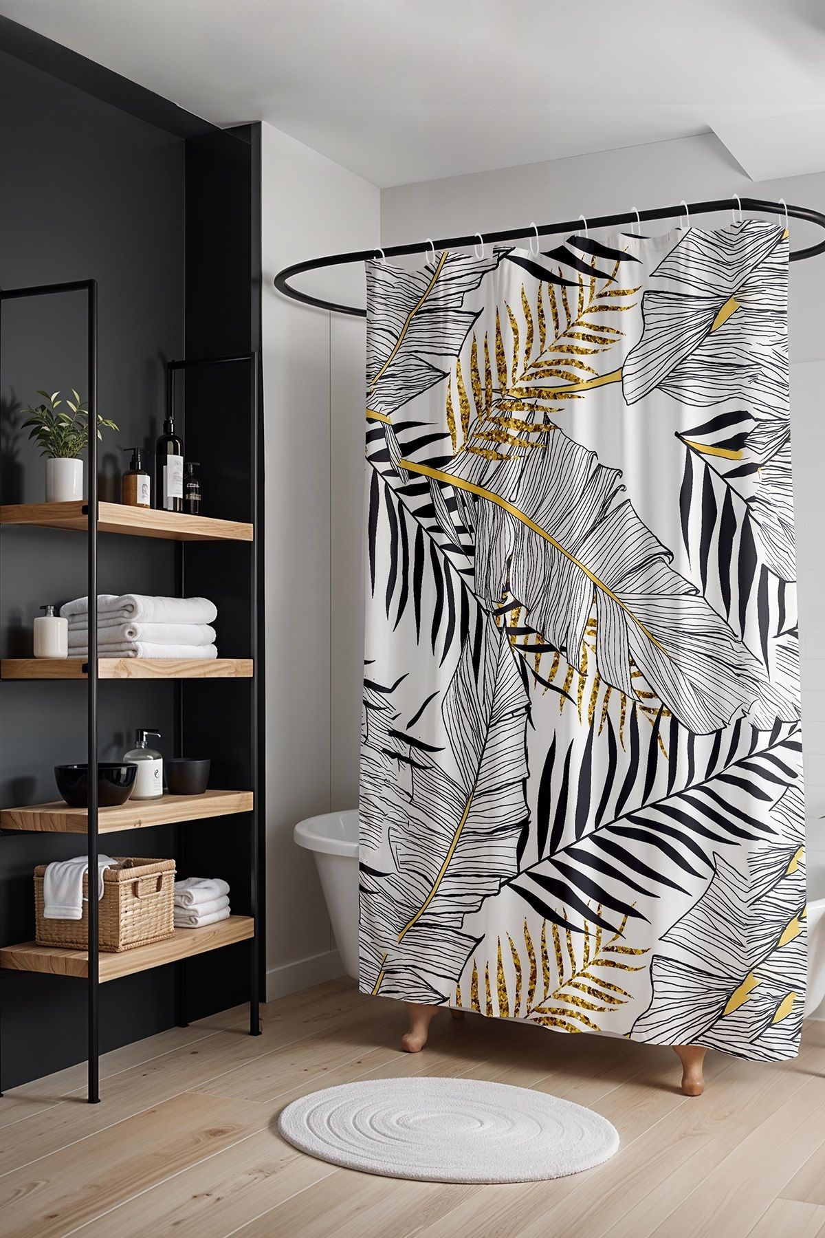 EVPANYA-Bathroom Curtain, Black Pencil Gold Leaves Pattern Shower Curtain, Bathtub Curtain 175X200Cm 3