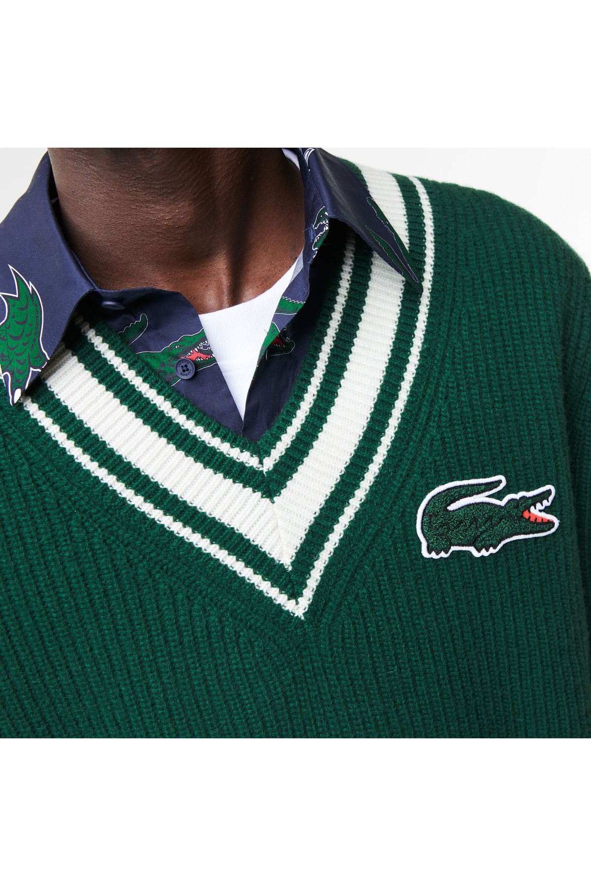 پلیور آبی مردانه ژاکت سبز پشمی طرح دار Lacoste