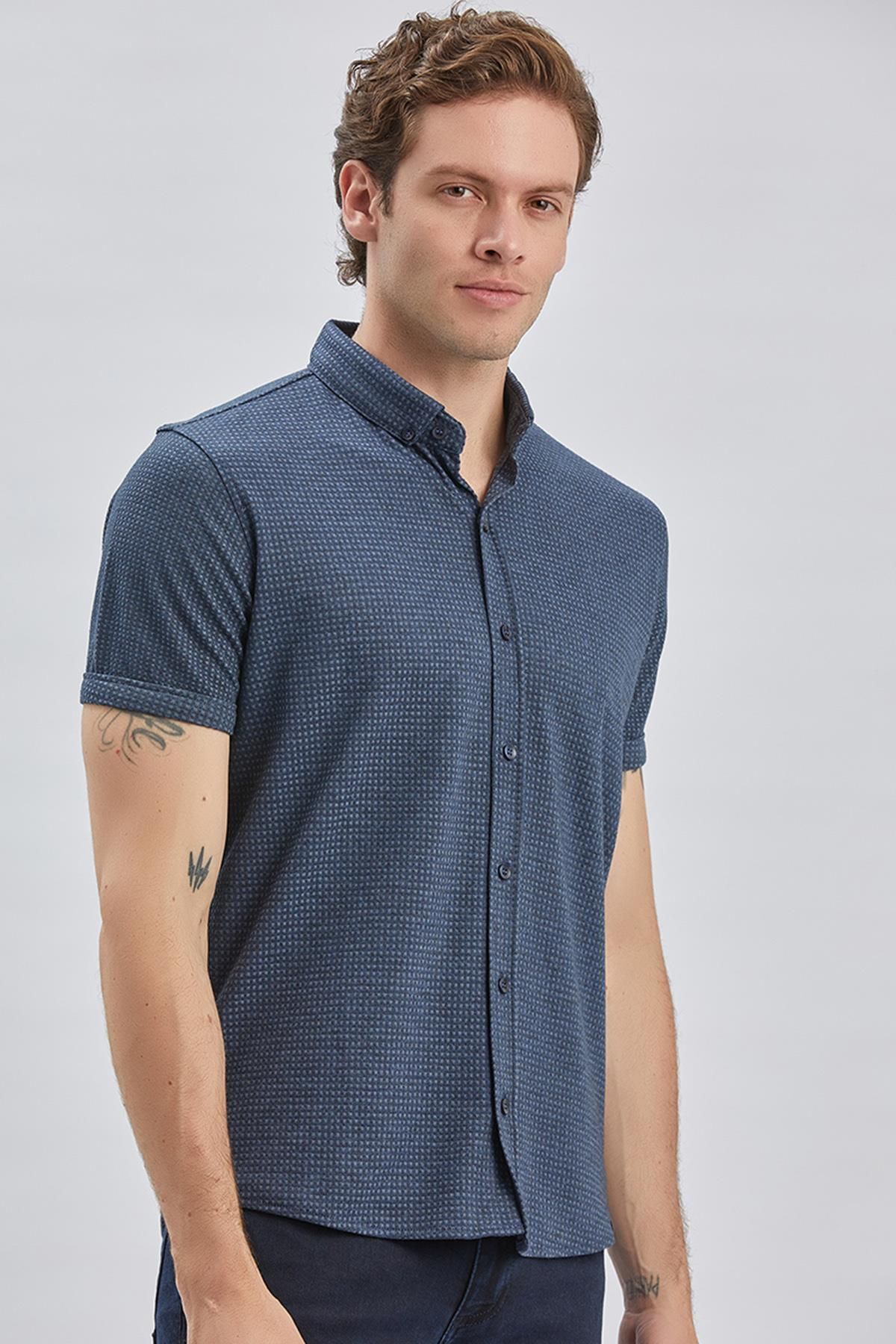 İmza-Jacquard Indigo Blue Patterned Cotton Lycra T-Shirt - Buttoned Collar, Casual Slim Fit1011240150 5