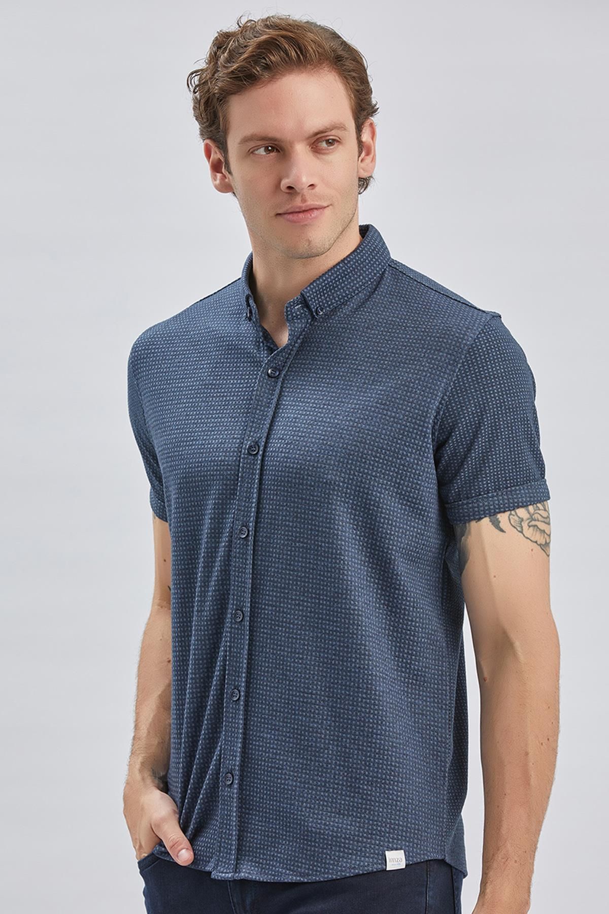 İmza-Jacquard Indigo Blue Patterned Cotton Lycra T-Shirt - Buttoned Collar, Casual Slim Fit1011240150 6