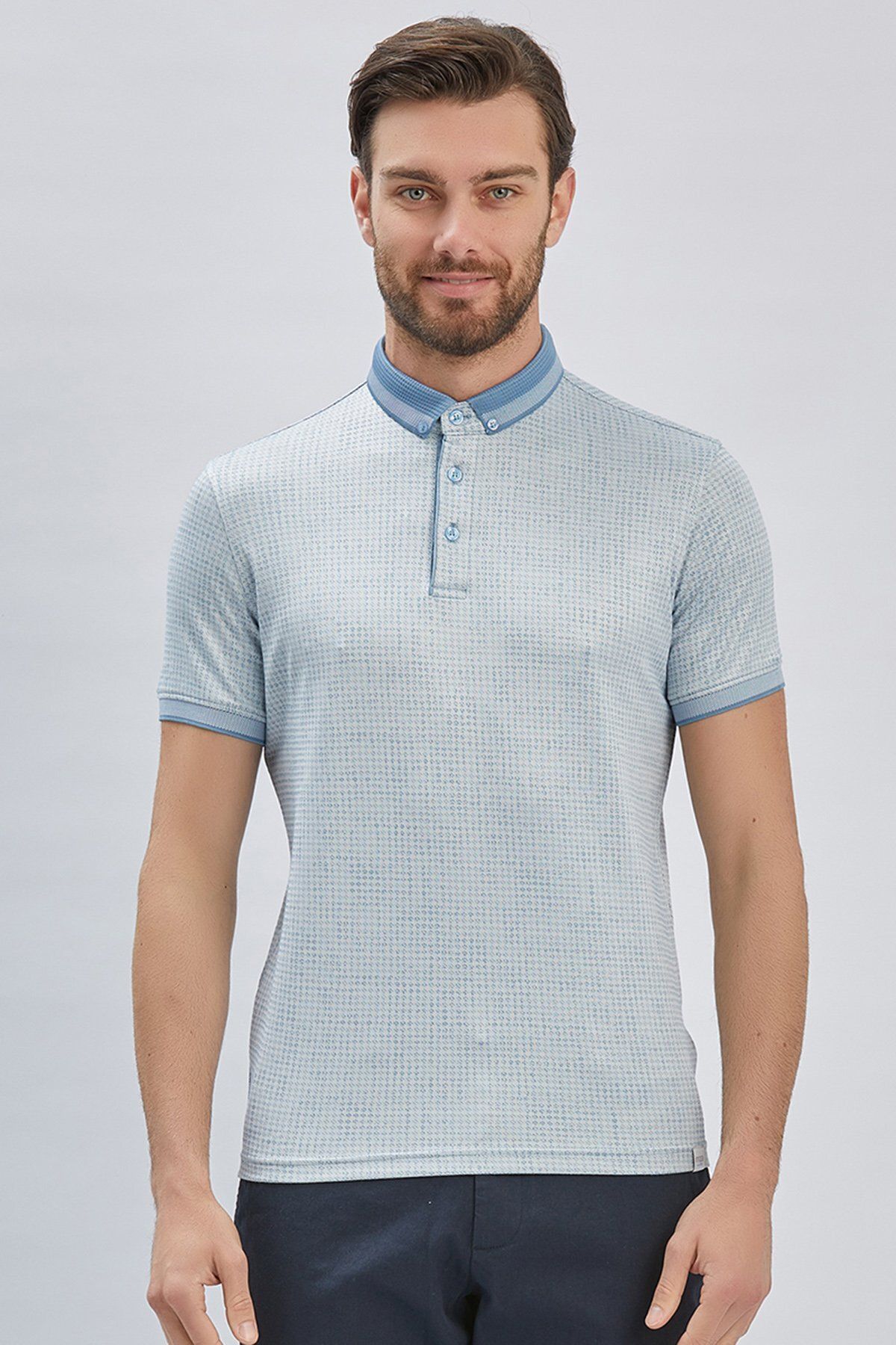 İmza-Dark Blue Patterned Mercerized Button Collar Cotton Casual Slim Fit Slim Fit T-shirt1011240161 2