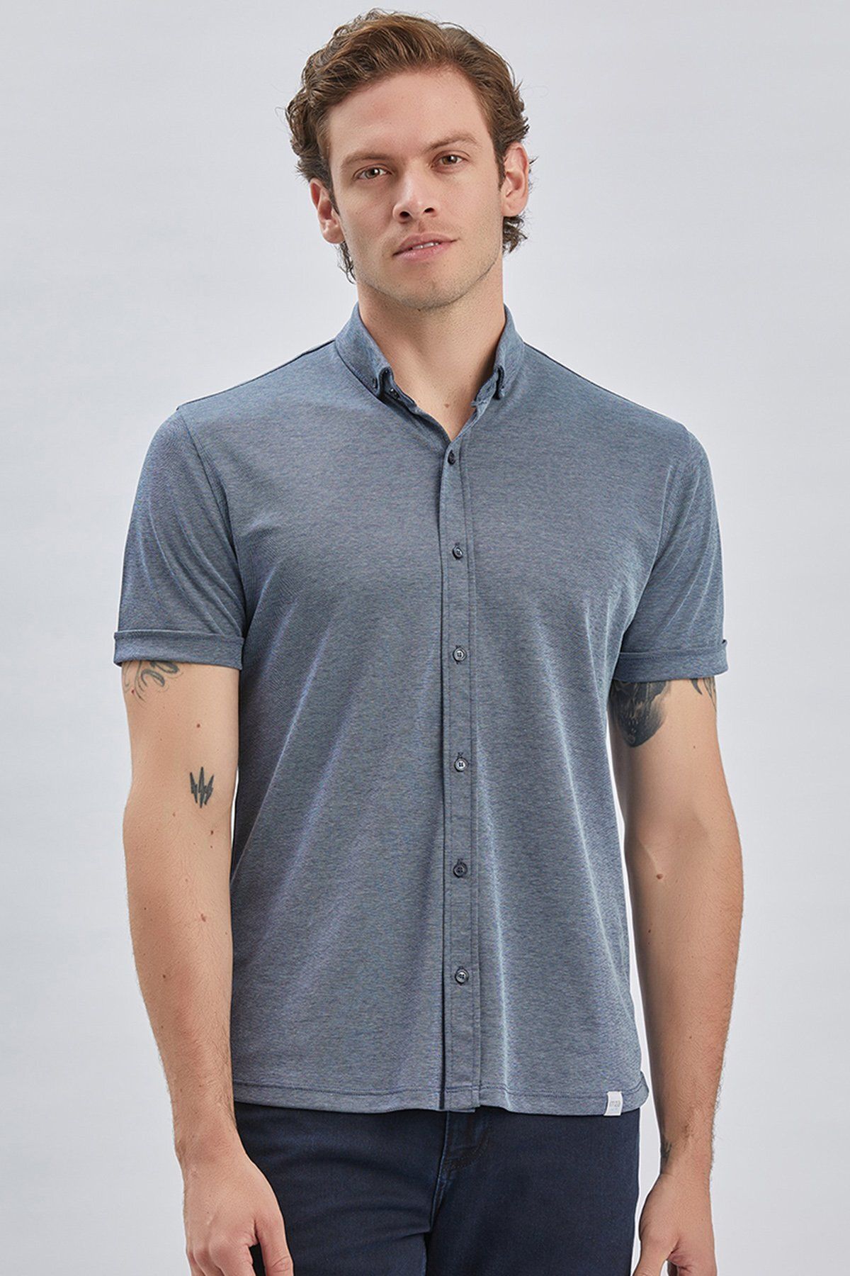 تی شرت یقه پولو مردانه آبی تیره الگوی آکسفورد جیب پنبه معمولی باریک و برش T SHIRT 1011240178 İmza