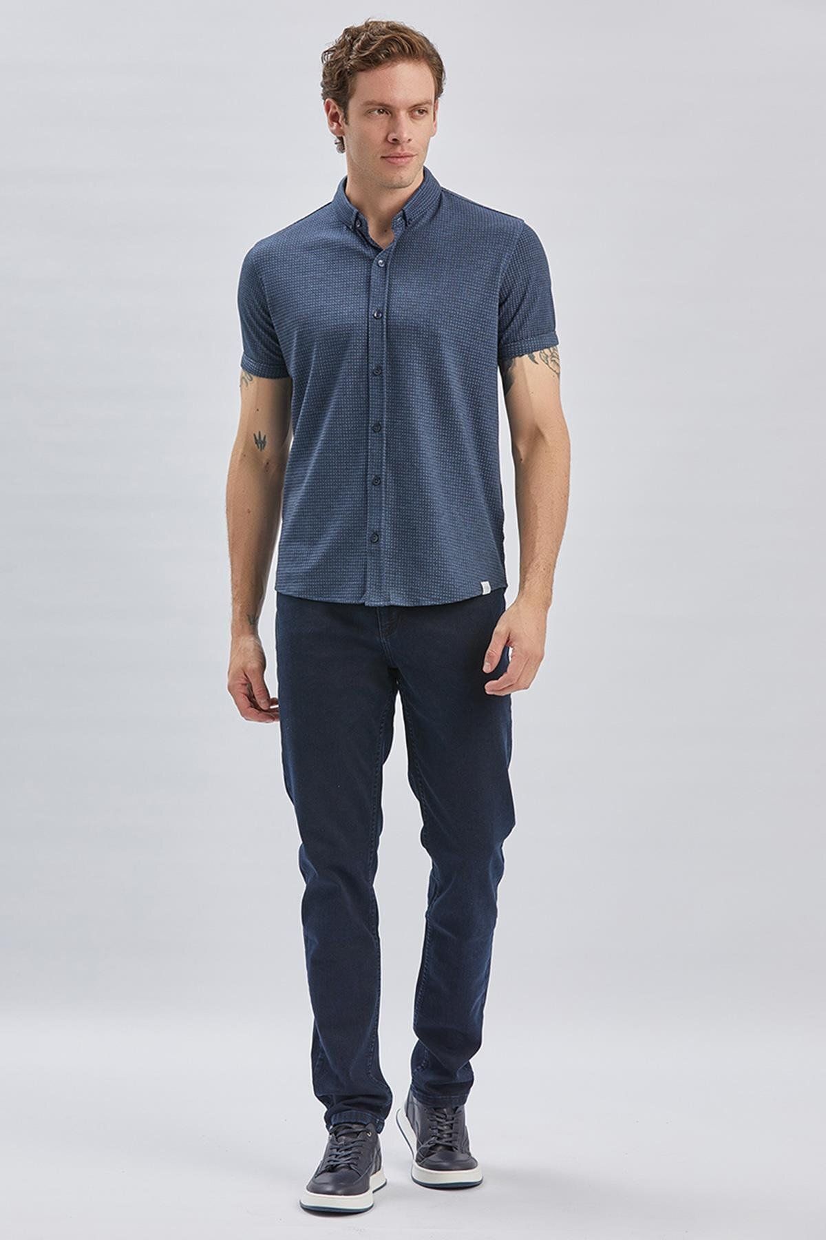 İmza-Jacquard Indigo Blue Patterned Cotton Lycra T-Shirt - Buttoned Collar, Casual Slim Fit1011240150 7