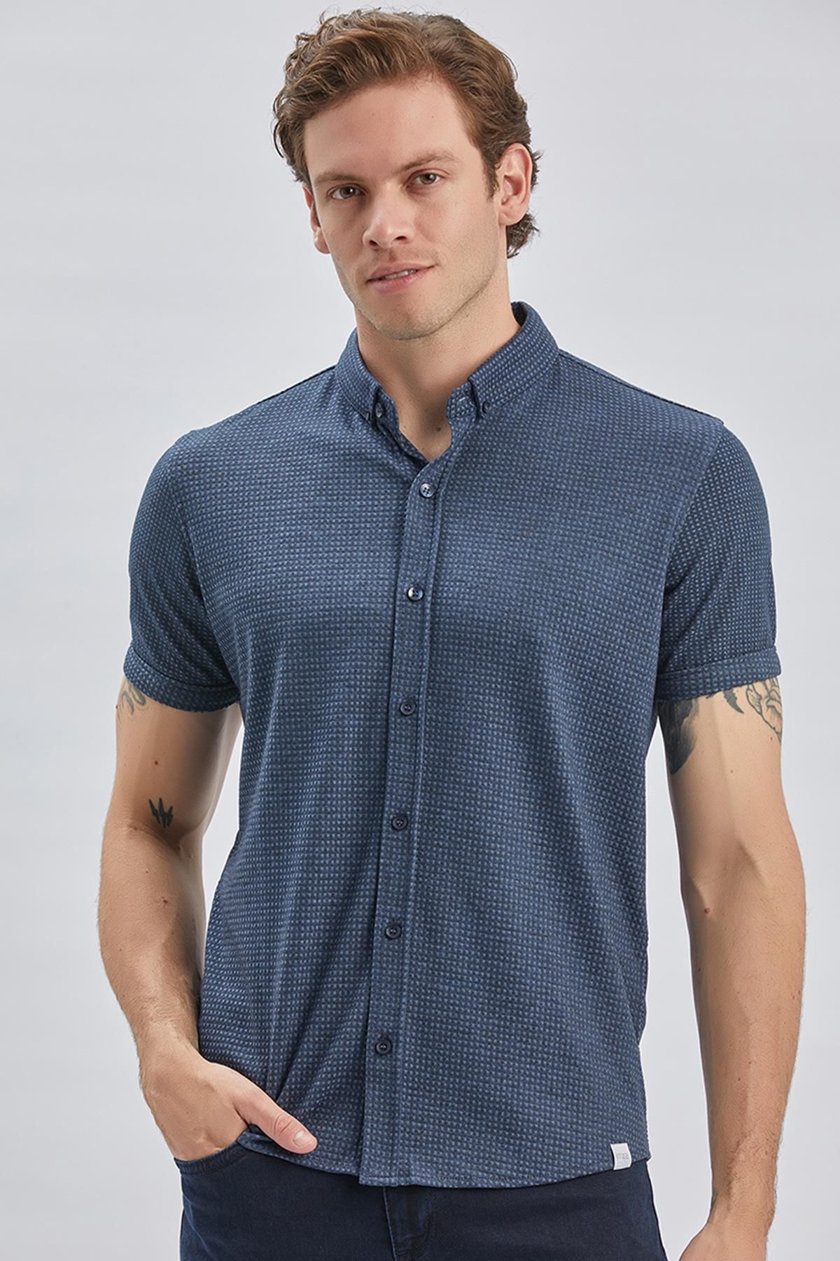 İmza-Jacquard Indigo Blue Patterned Cotton Lycra T-Shirt - Buttoned Collar, Casual Slim Fit1011240150 3