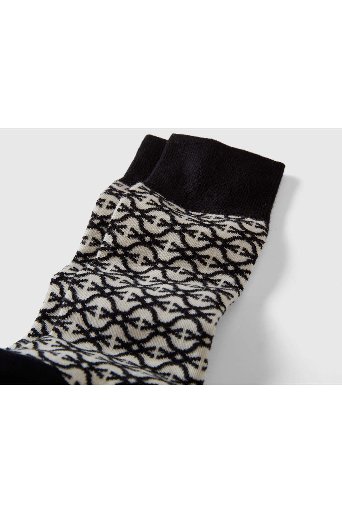 United Colors of Benetton-Unisex Black Mix Cotton Blended All Patterned Logo Printed Long Socks 2