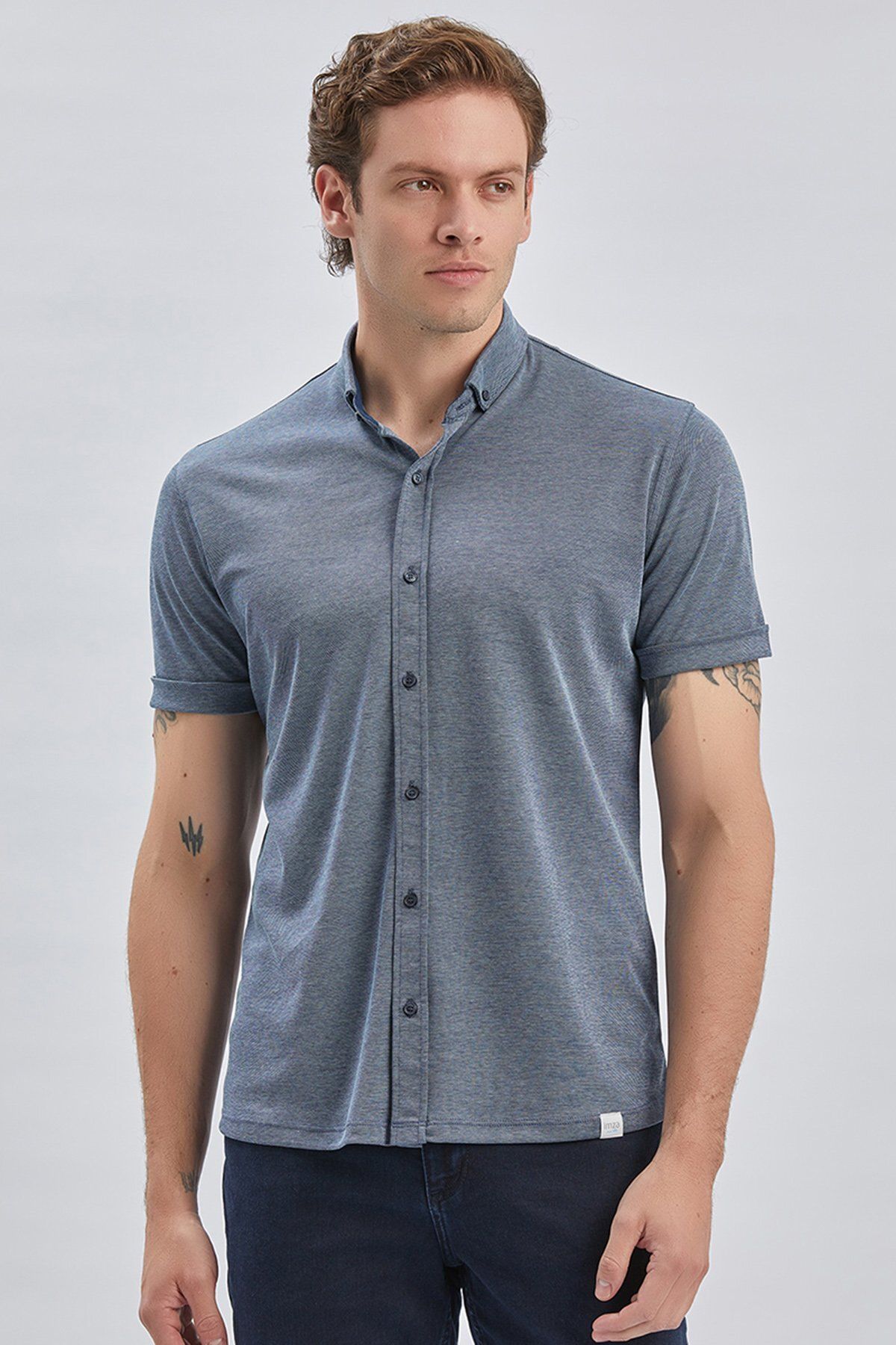 تی شرت یقه پولو مردانه آبی تیره الگوی آکسفورد جیب پنبه معمولی باریک و برش T SHIRT 1011240178 İmza