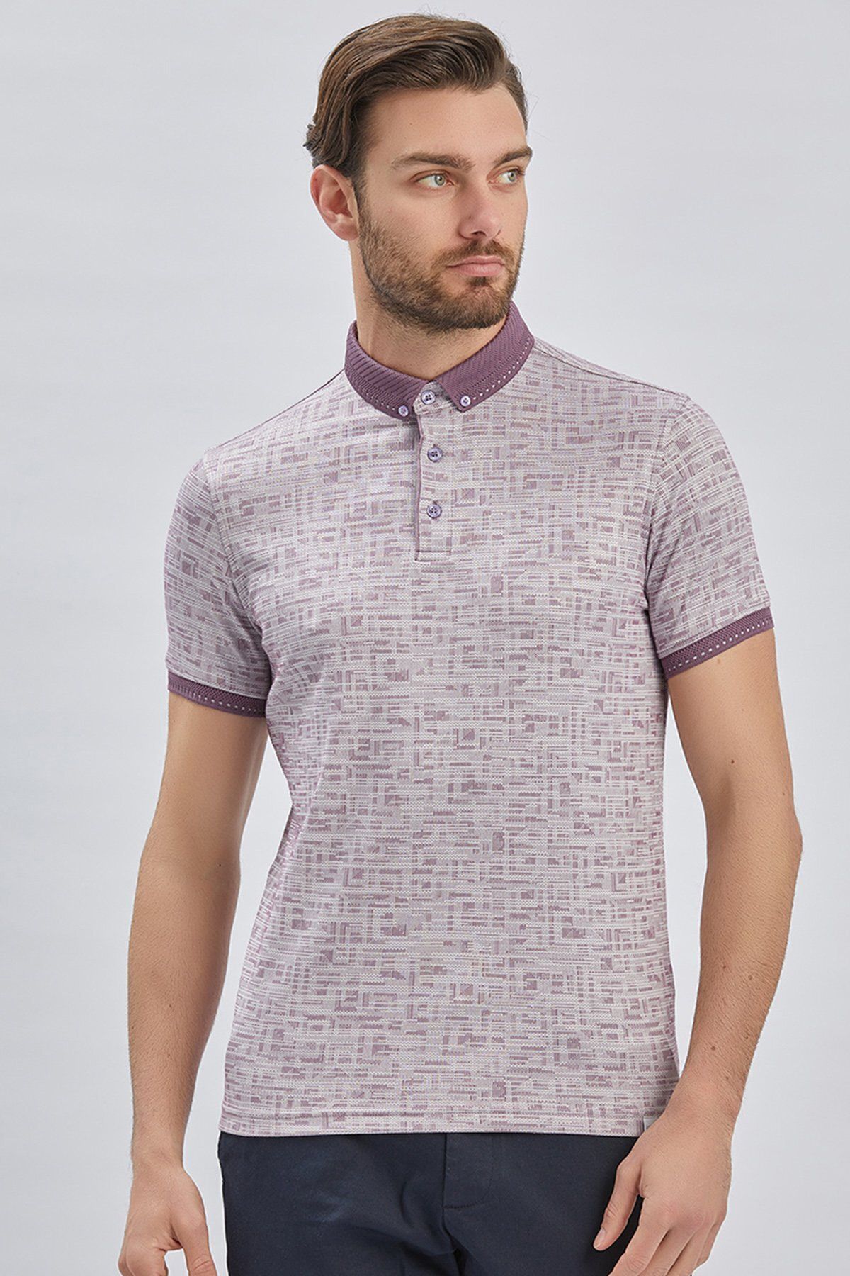 İmza-Lilac Pattern Mercerized Button Collar Cotton Casual Slim Fit Slim Fit T-Shirt1011240160 2