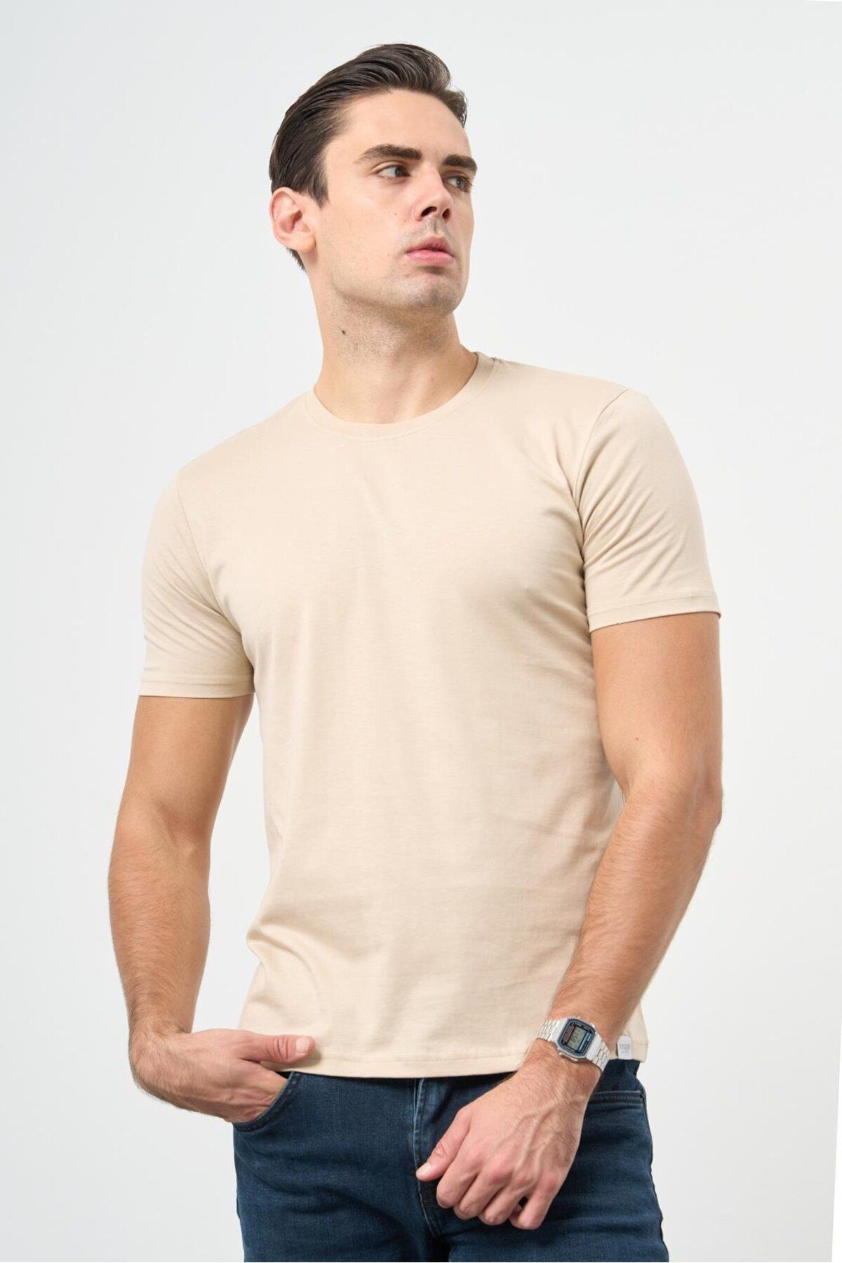 تی شرت مردانه بژ کوتاه آستین دوچرخه سواری روزمره مناسب T SHIRT 1011245193 İmza