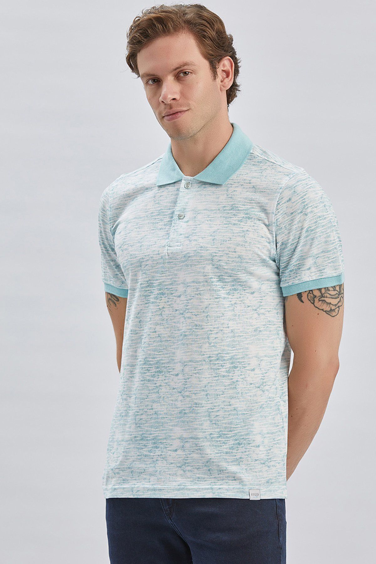 تی شرت یقه پولو مردانه چوگان چاپی آبی تیره 100 ٪ پنبه روزمره باریک و برش T SHIRT 1011240157 İmza