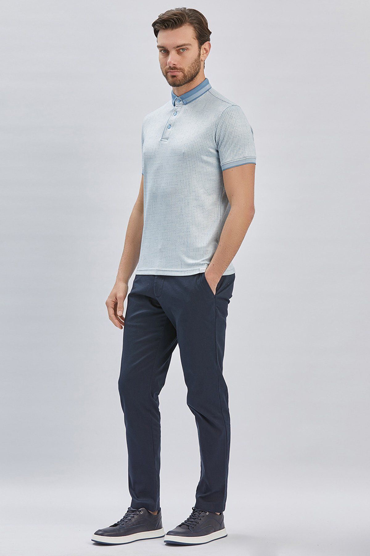 İmza-Dark Blue Patterned Mercerized Button Collar Cotton Casual Slim Fit Slim Fit T-shirt1011240161 3