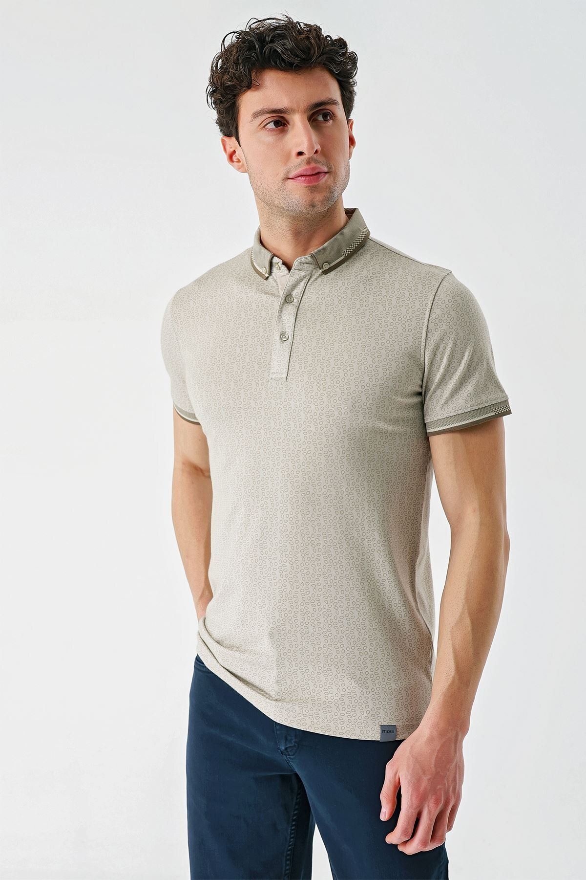 تی شرت یقه پولو مردانه رنگ سنگ طرح دار آکسفورد دکمه پنبه معمولی باریک و برش T SHIRT 1011240177 İmza