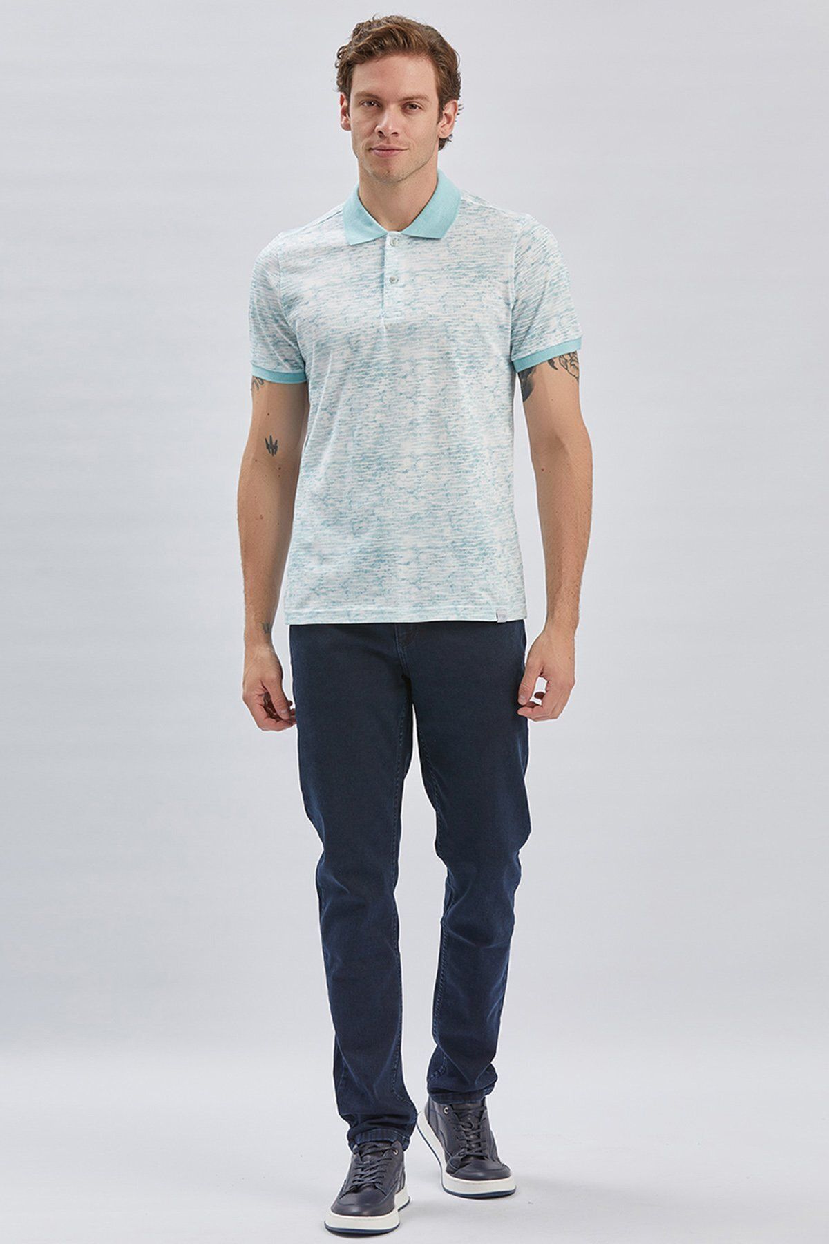 تی شرت یقه پولو مردانه چوگان چاپی آبی تیره 100 ٪ پنبه روزمره باریک و برش T SHIRT 1011240157 İmza