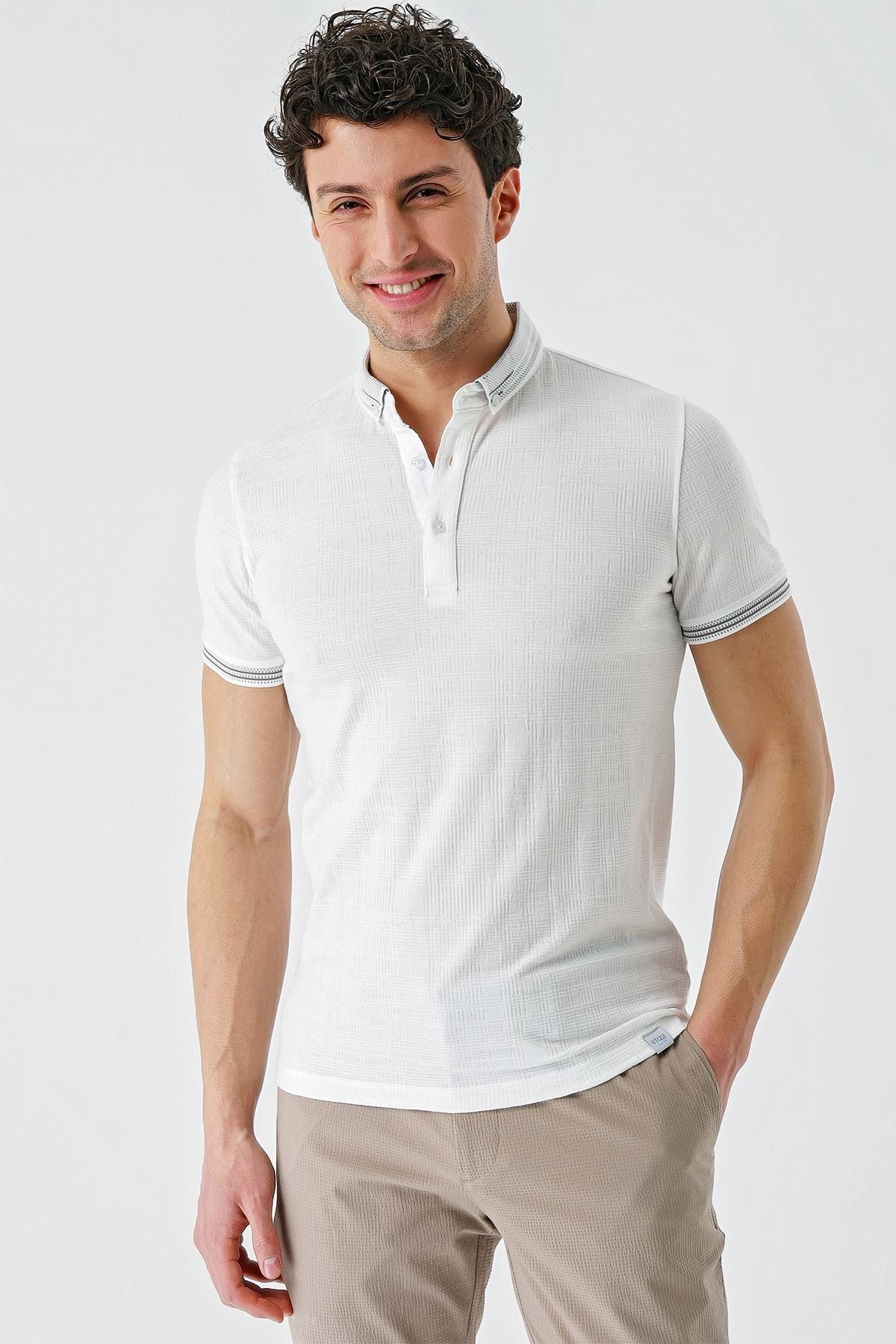 İmza-Tricou alb cu model jacquard, cu guler, cu nasturi, cu buzunar casual, slim fit1011240174 1