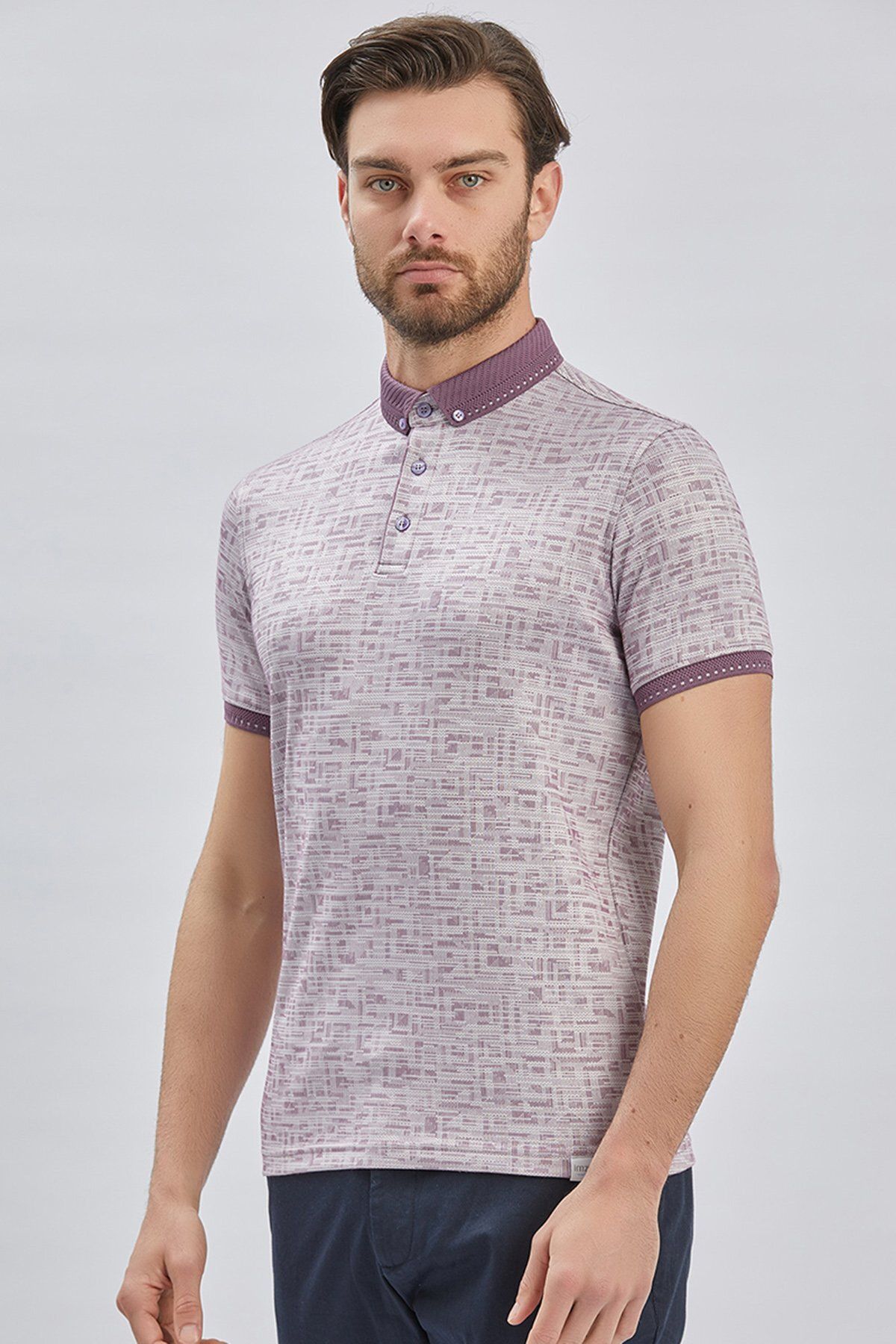 İmza-Lilac Pattern Mercerized Button Collar Cotton Casual Slim Fit Slim Fit T-Shirt1011240160 4