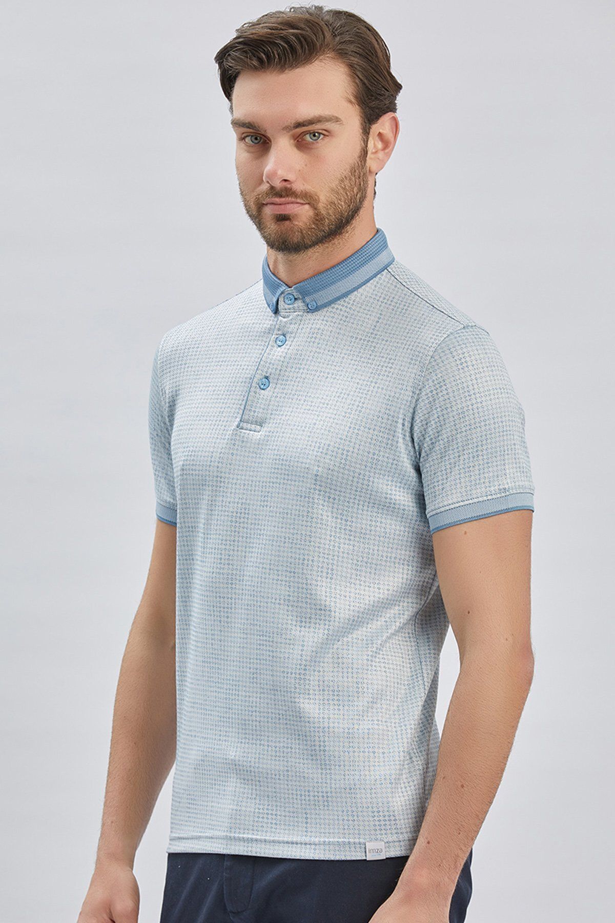 İmza-Dark Blue Patterned Mercerized Button Collar Cotton Casual Slim Fit Slim Fit T-shirt1011240161 5