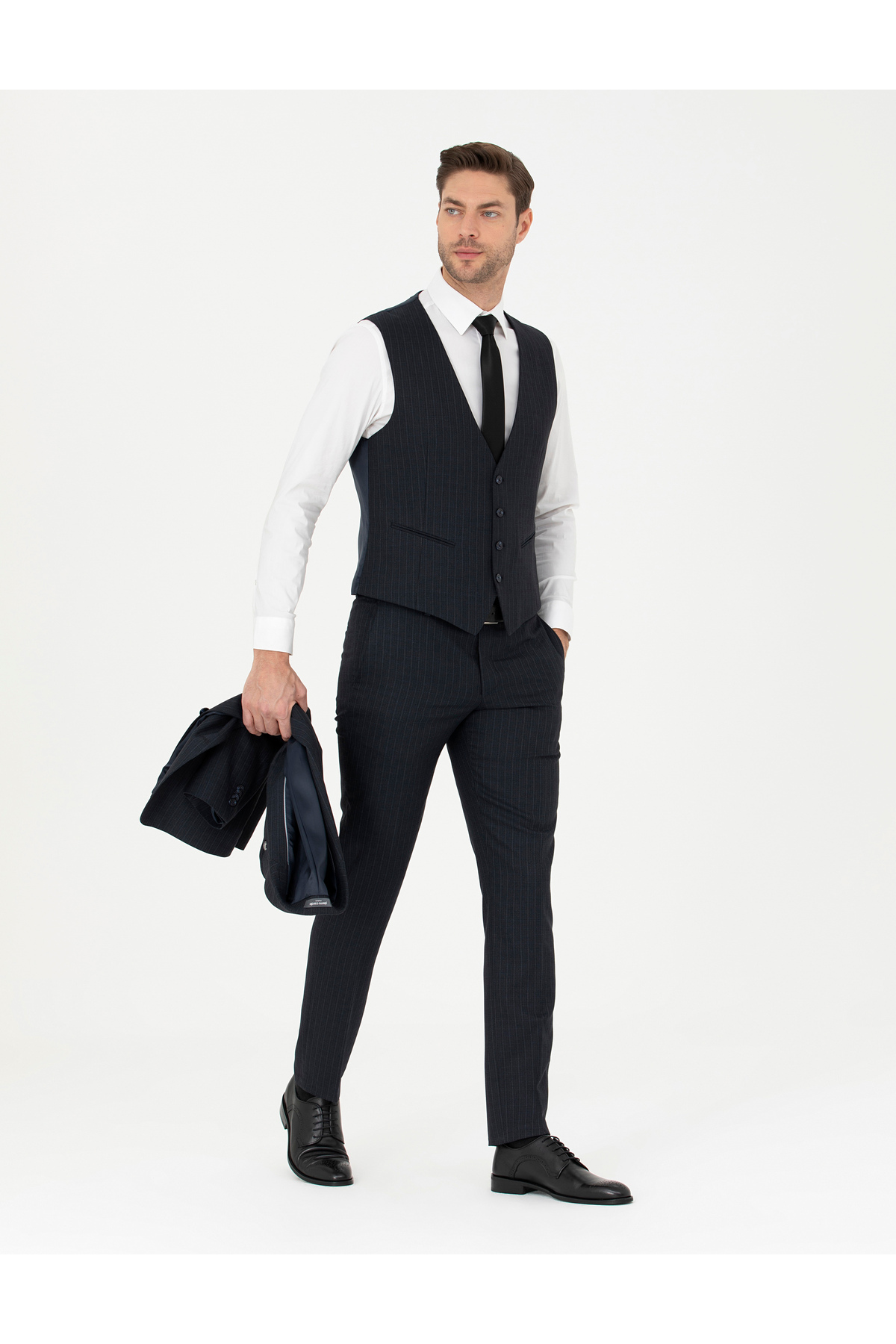 Pierre Cardin Lacivert Slim Fit Çizgili Yelekli Takım Elbise 50285266-VR033 görsel 2