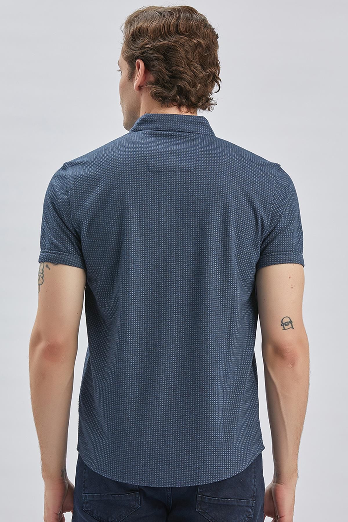 İmza-Jacquard Indigo Blue Patterned Cotton Lycra T-Shirt - Buttoned Collar, Casual Slim Fit1011240150 8