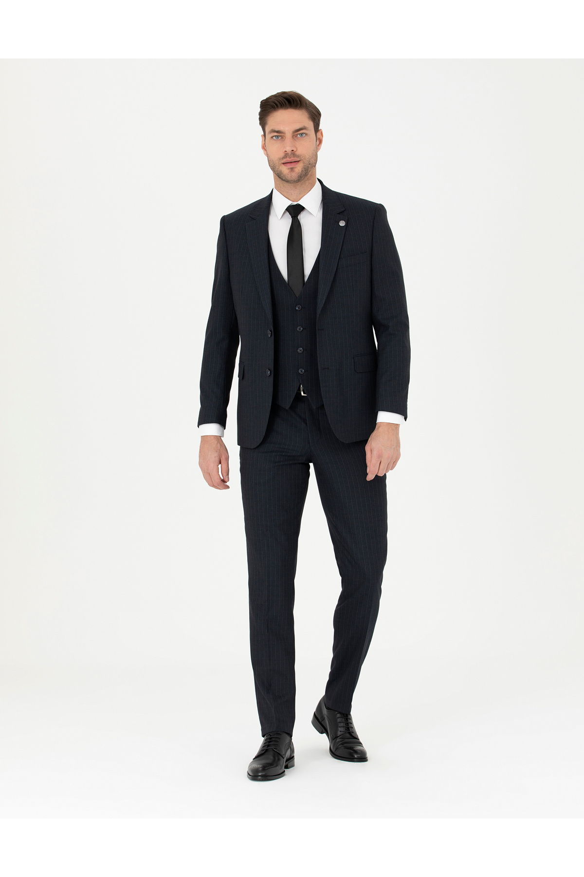 Pierre Cardin Lacivert Slim Fit Çizgili Yelekli Takım Elbise 50285266-VR033