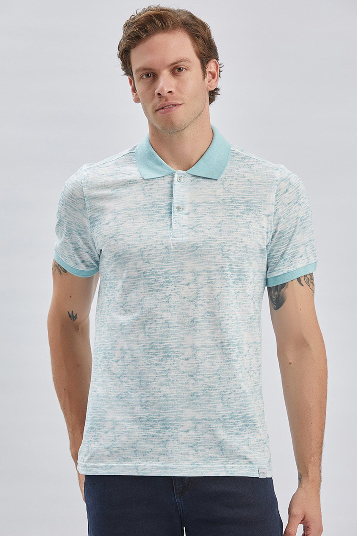 تی شرت یقه پولو مردانه چوگان چاپی آبی تیره 100 ٪ پنبه روزمره باریک و برش T SHIRT 1011240157 İmza