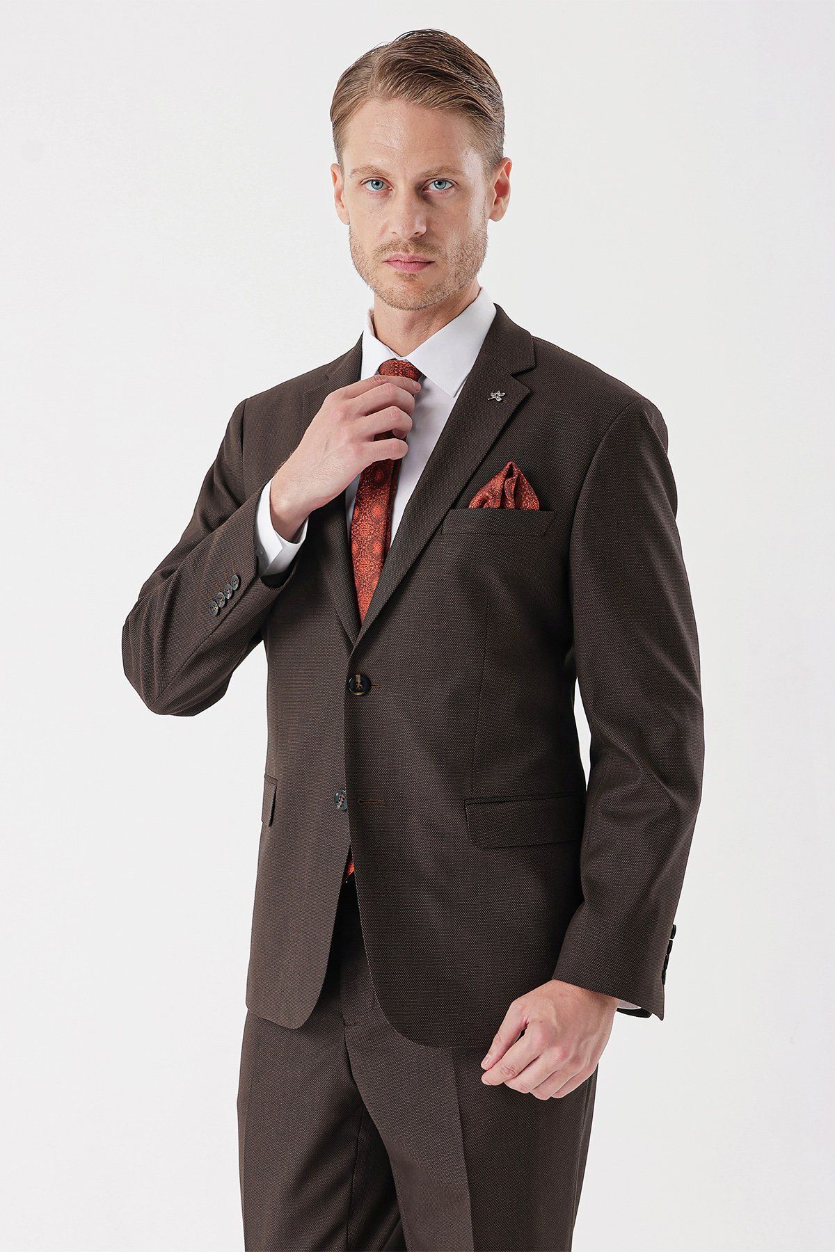 İmza-Brown Patterned Dobby Mono Collar 4 Drop Comfort Fit Relaxed Fit Classic Suit1001235150 3