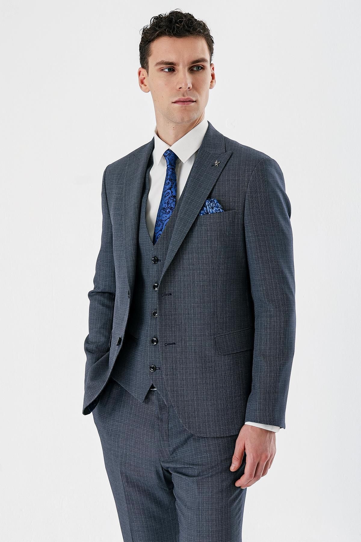 کت وشلوار مردانه جلیقه های یقه بلع آبی تیره BLUE 6 DROP SLIM FIT کلاسیک SUIT 1001240157 İmza
