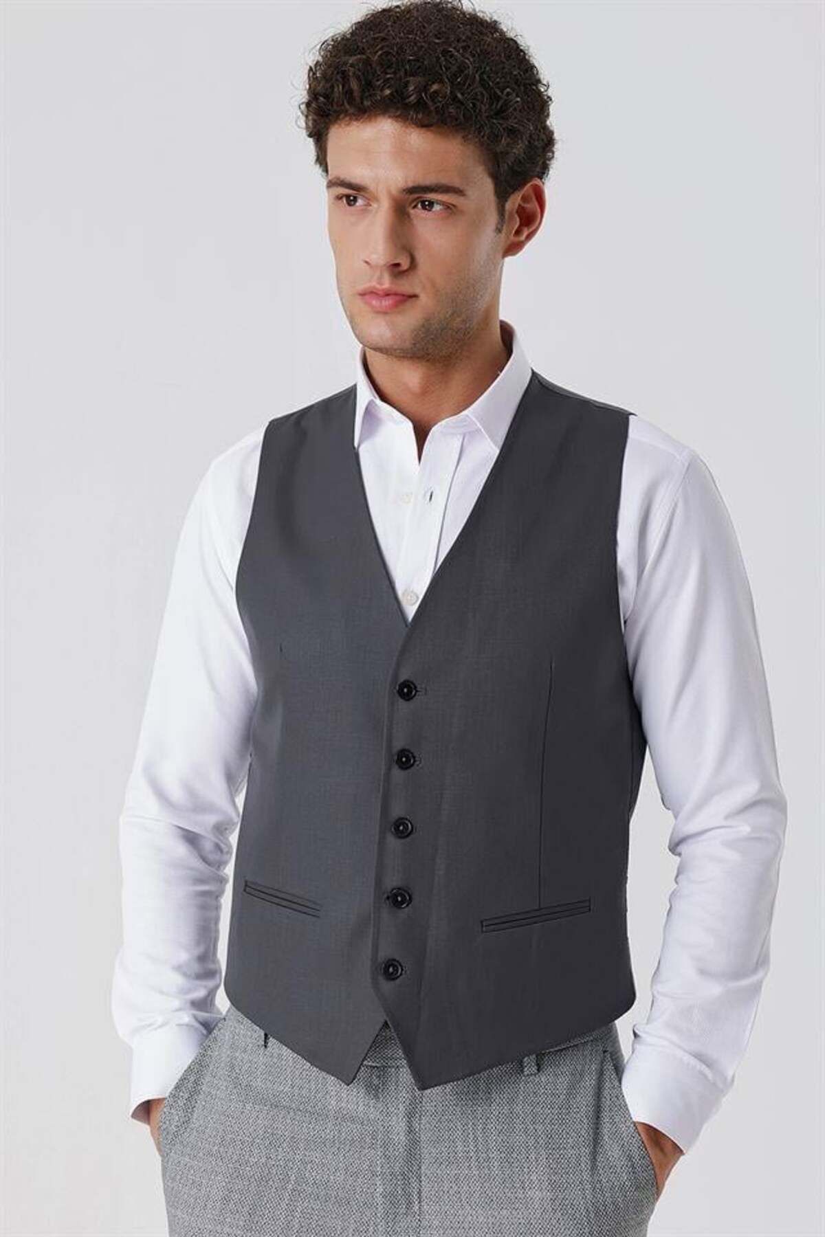 İmza-Anthracite V-Neck Classic Vest 1009230262 1