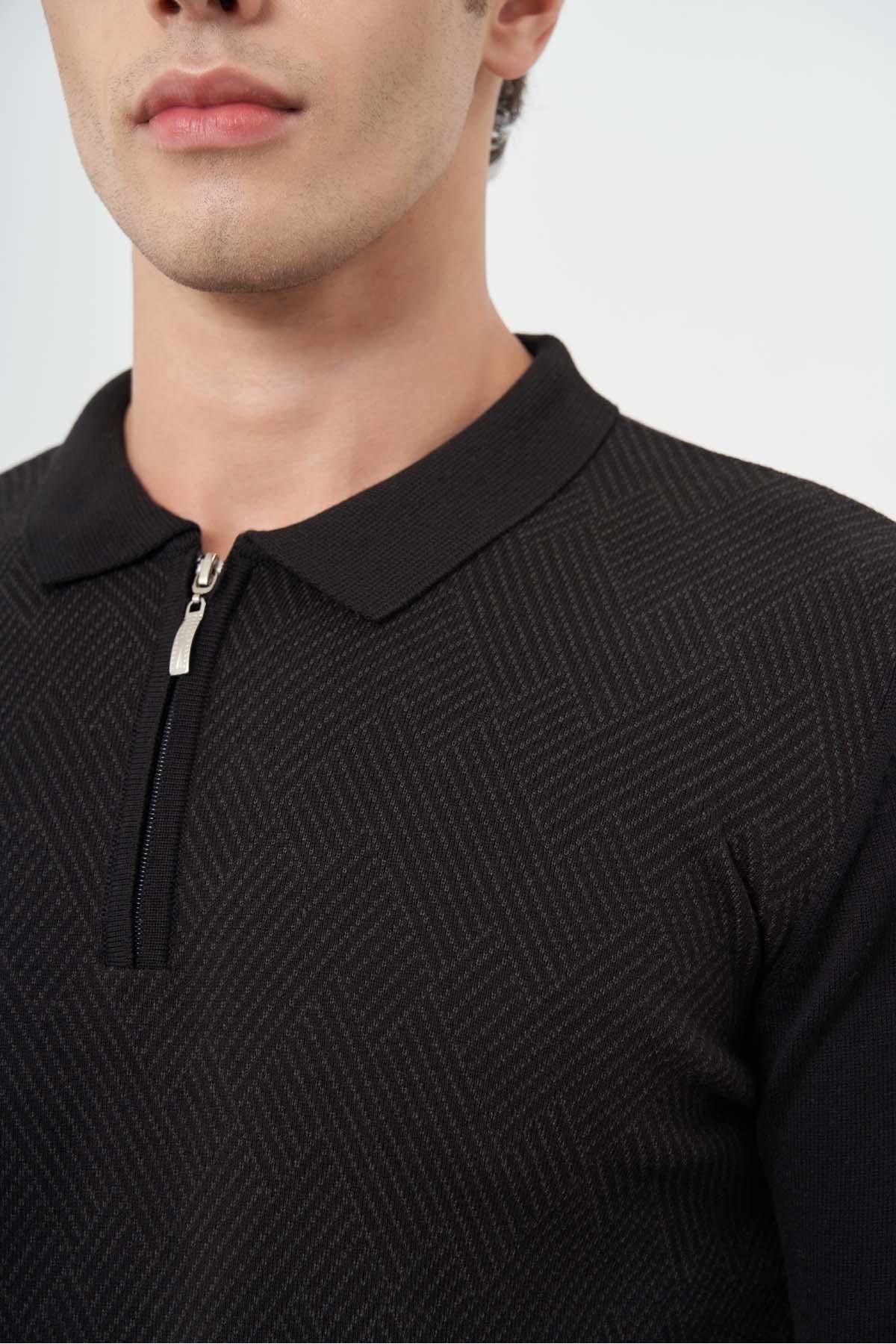 İmza-Black Long Sleeve Self Patterned Knitted Polo Collar Classic Comfort Fit Knitwear 1012245160 4