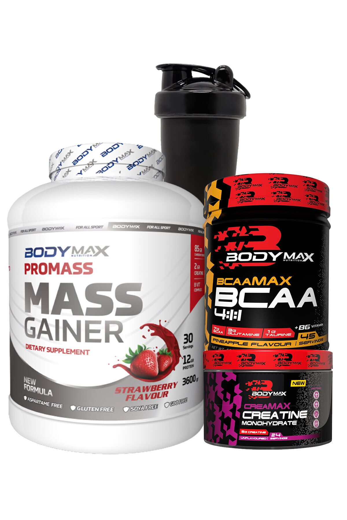 BODYMAX Promass Mass Gainer 3600g Çilekli + Bcaamax Bcaa 585g Ananslı + Creamax Kreatin 120g + Shaker