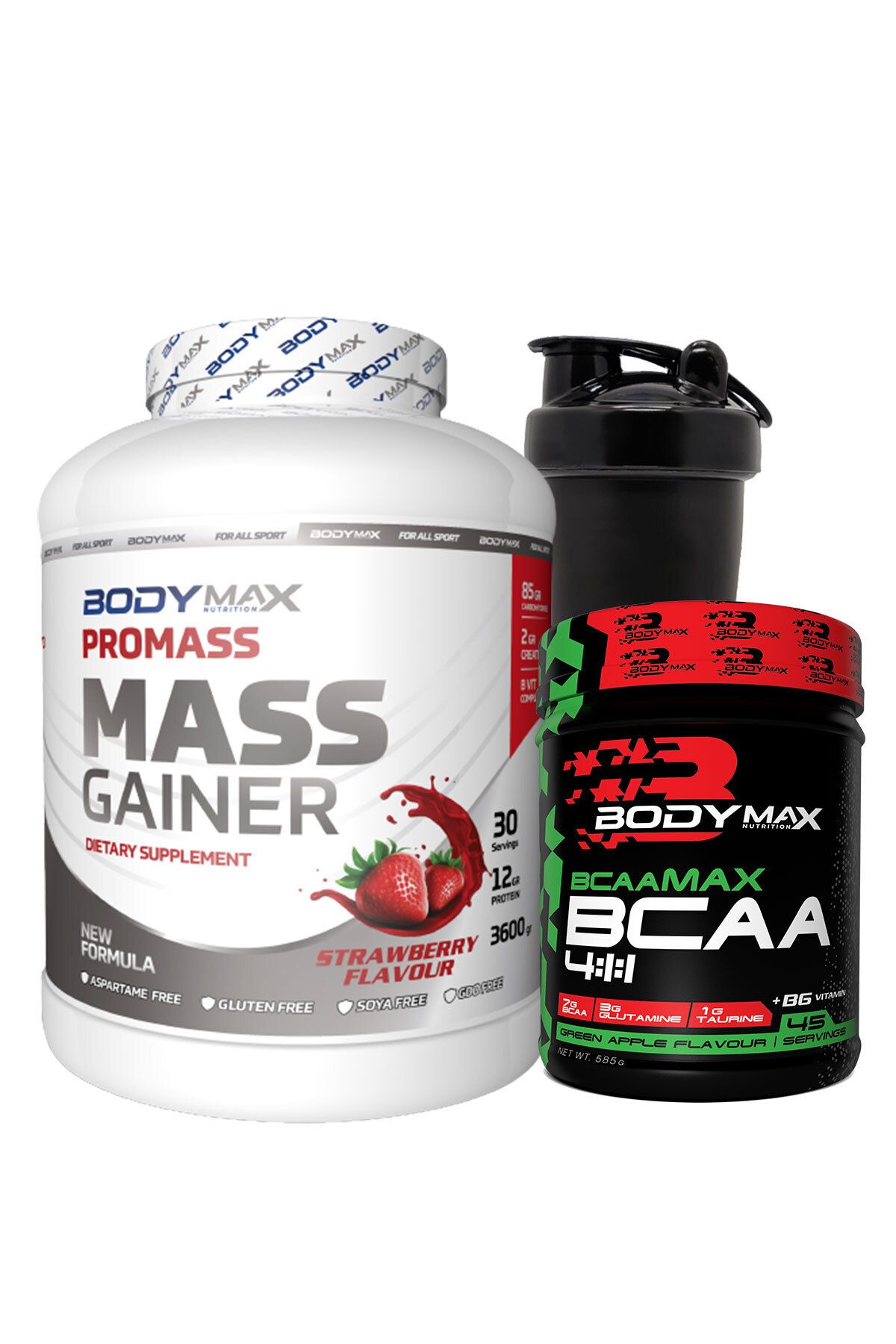 BODYMAX Promass Mass Gainer 3600 Gr Çilekli + Bcaamax Bcaa 585 Gr Yeşil Elmalı + Shaker