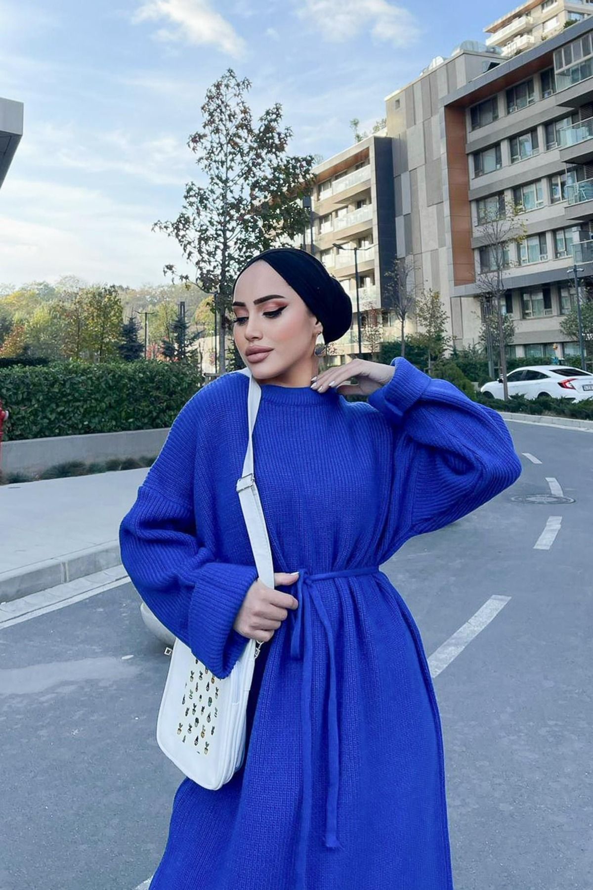 پیراهن پوشیده آبی زنانه لباس بافتنی فتیله اورجینال Rimel Moda