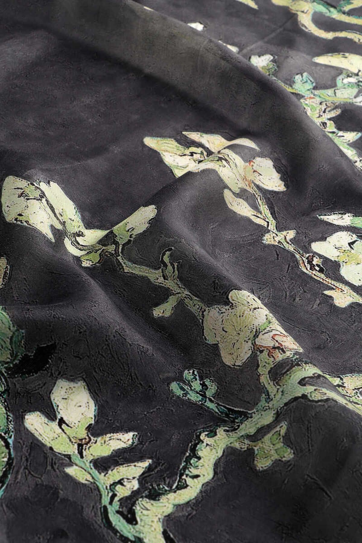 Bursa İpek-Black Almond Flower Pattern Voile Silk Shawl 4