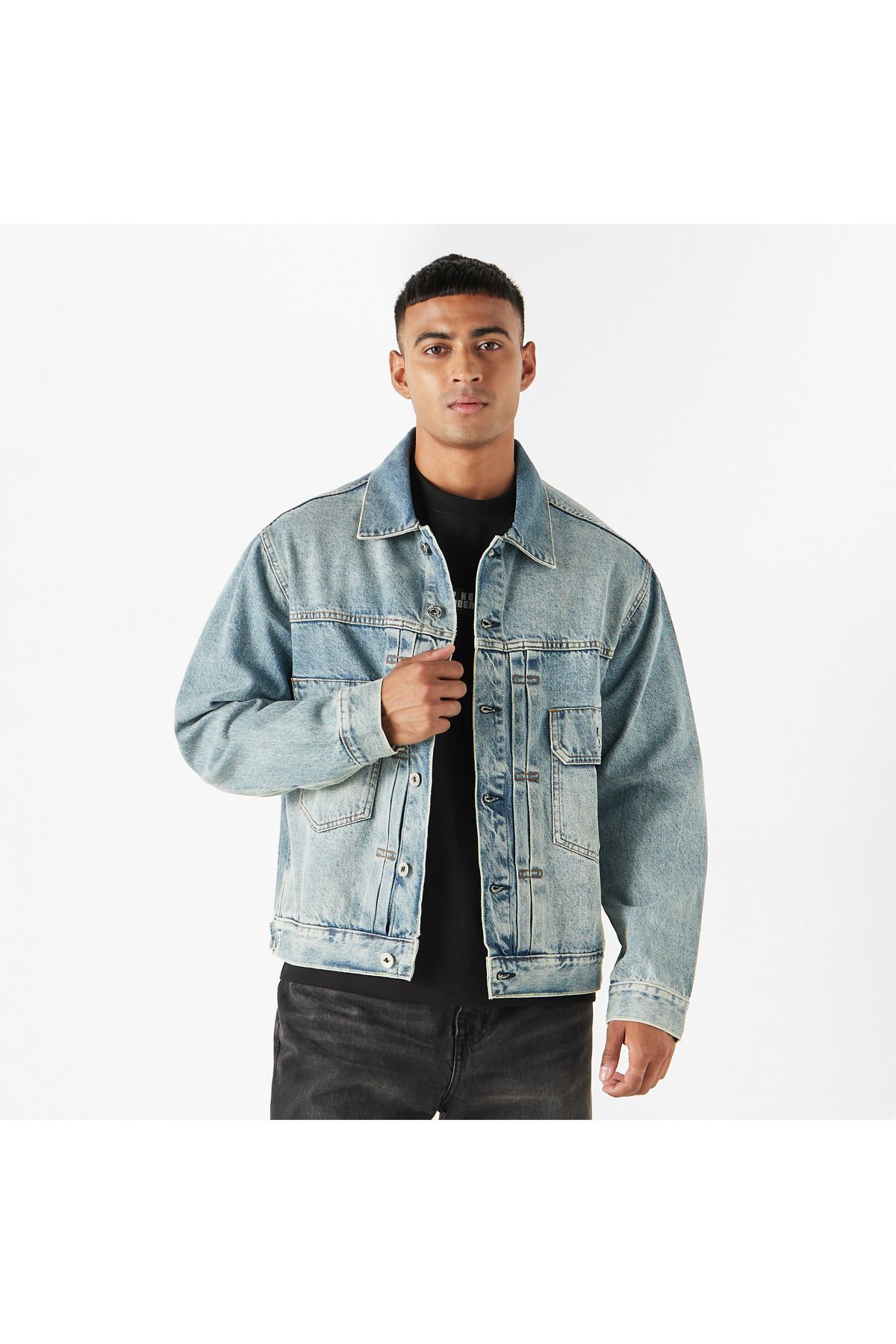 Lee Cooper-Solid Denim Jacket with Pockets and Long Sleeves 1