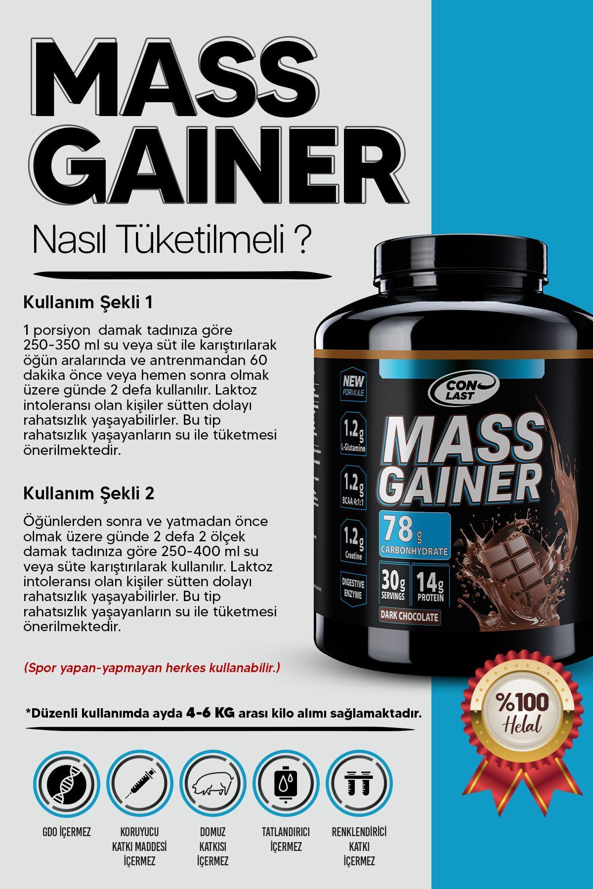 Conlast Gainer Çikolata Aromalı XXL Karbonhidrat Tozu Form 3000 gr